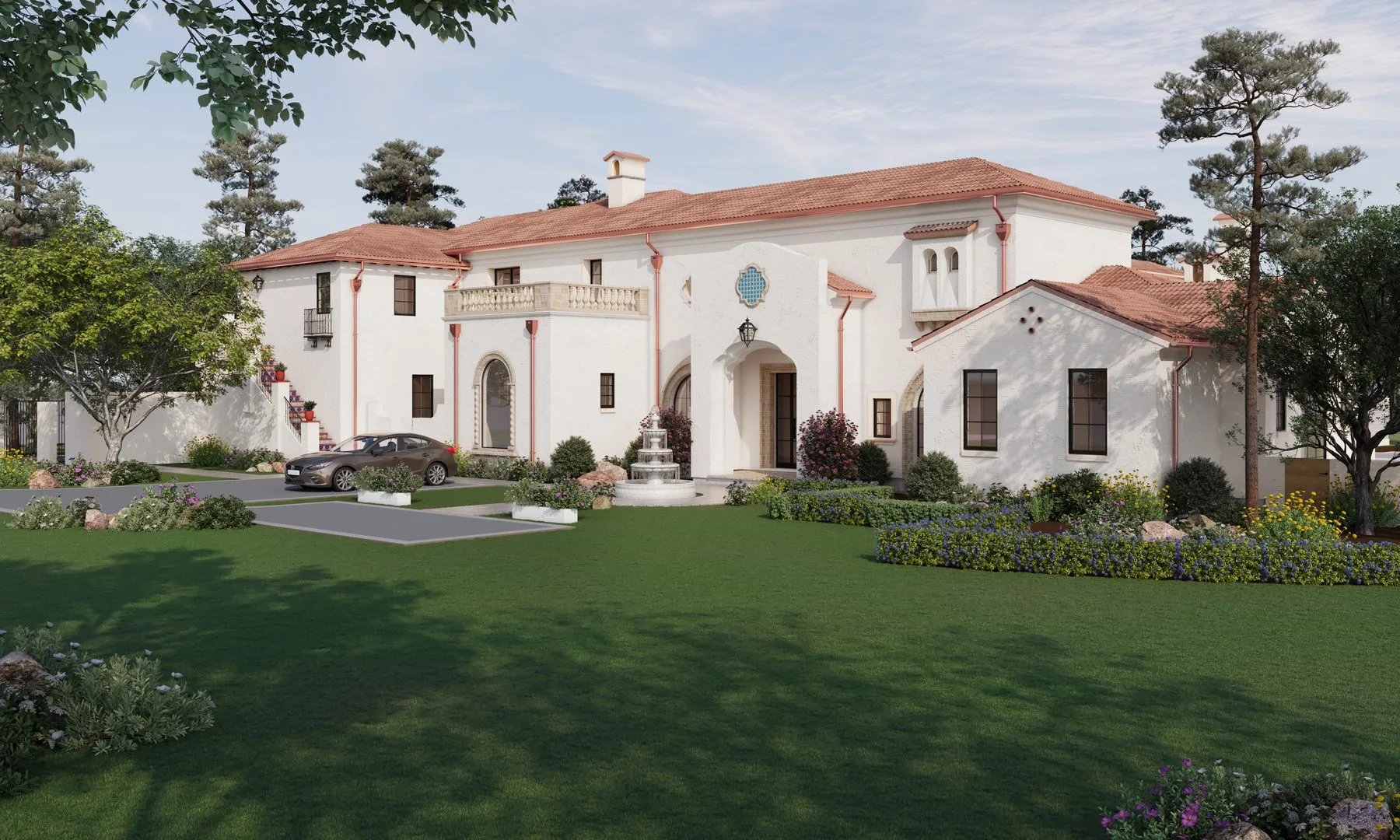 Front elevation of the same villa in daylight