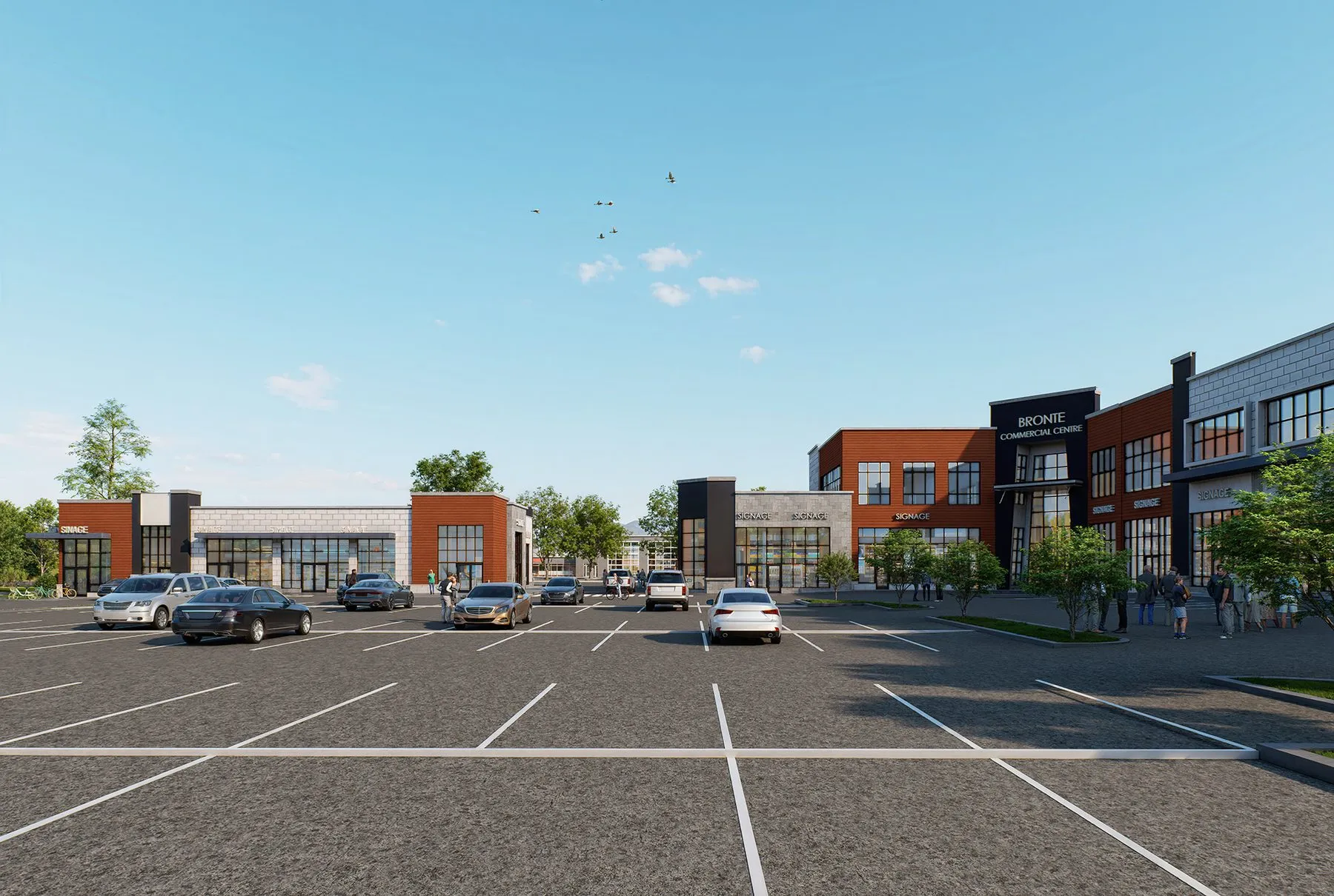 Parking-court perspective toward the signed portal entry