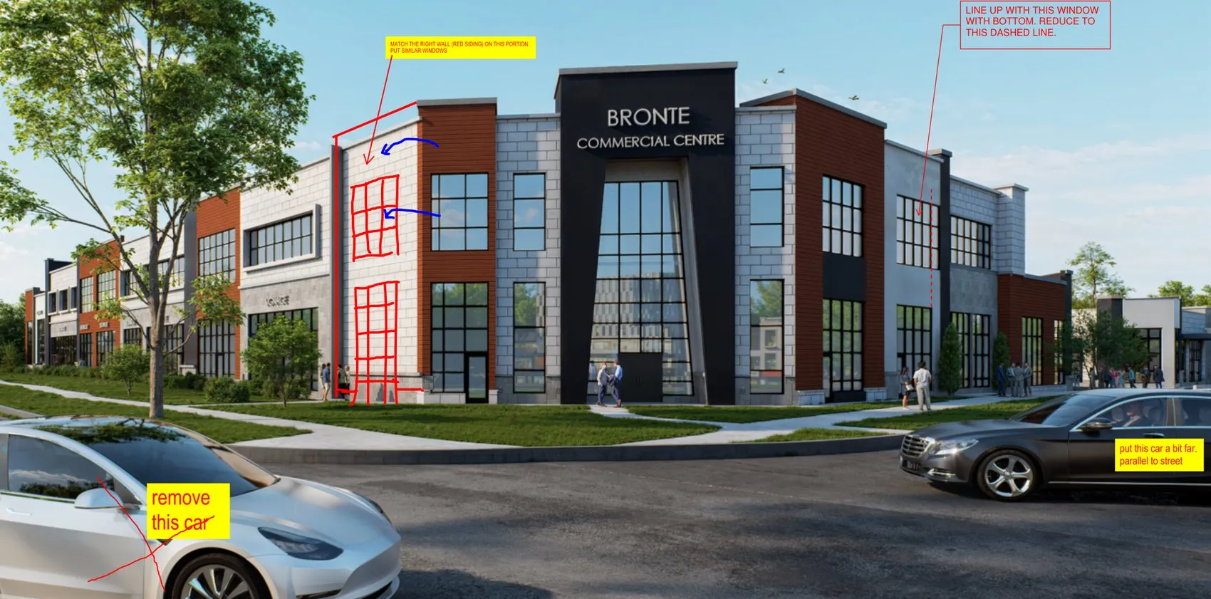 Client review markup on the corner render — window alignment, wall-material matching and massing notes