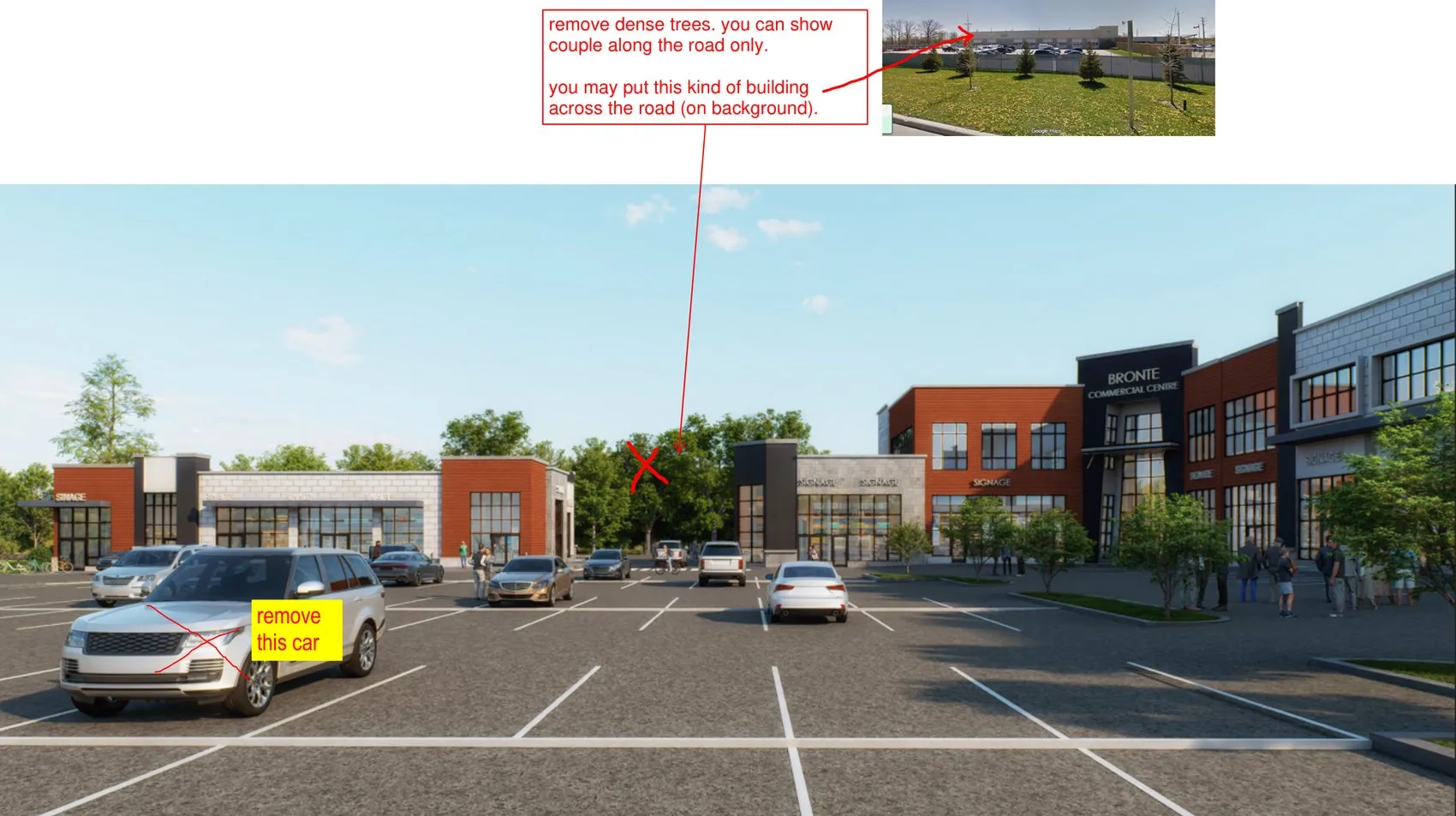 Marked-up parking-court render — context, entourage and street-tree notes from the review