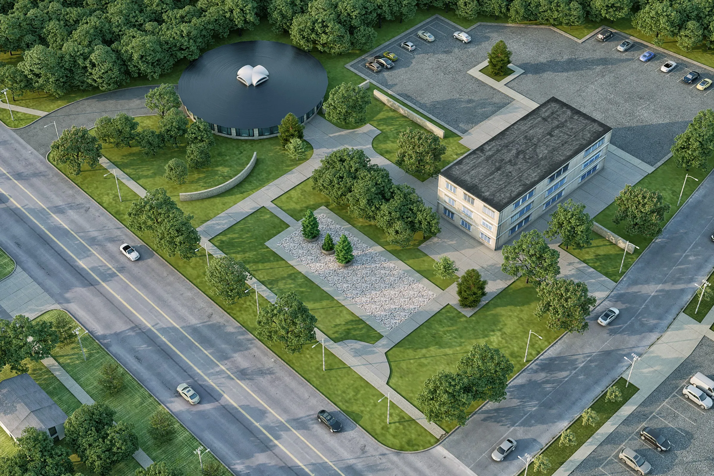 Community Library — mixed-use 3D rendering by Praxis Studio