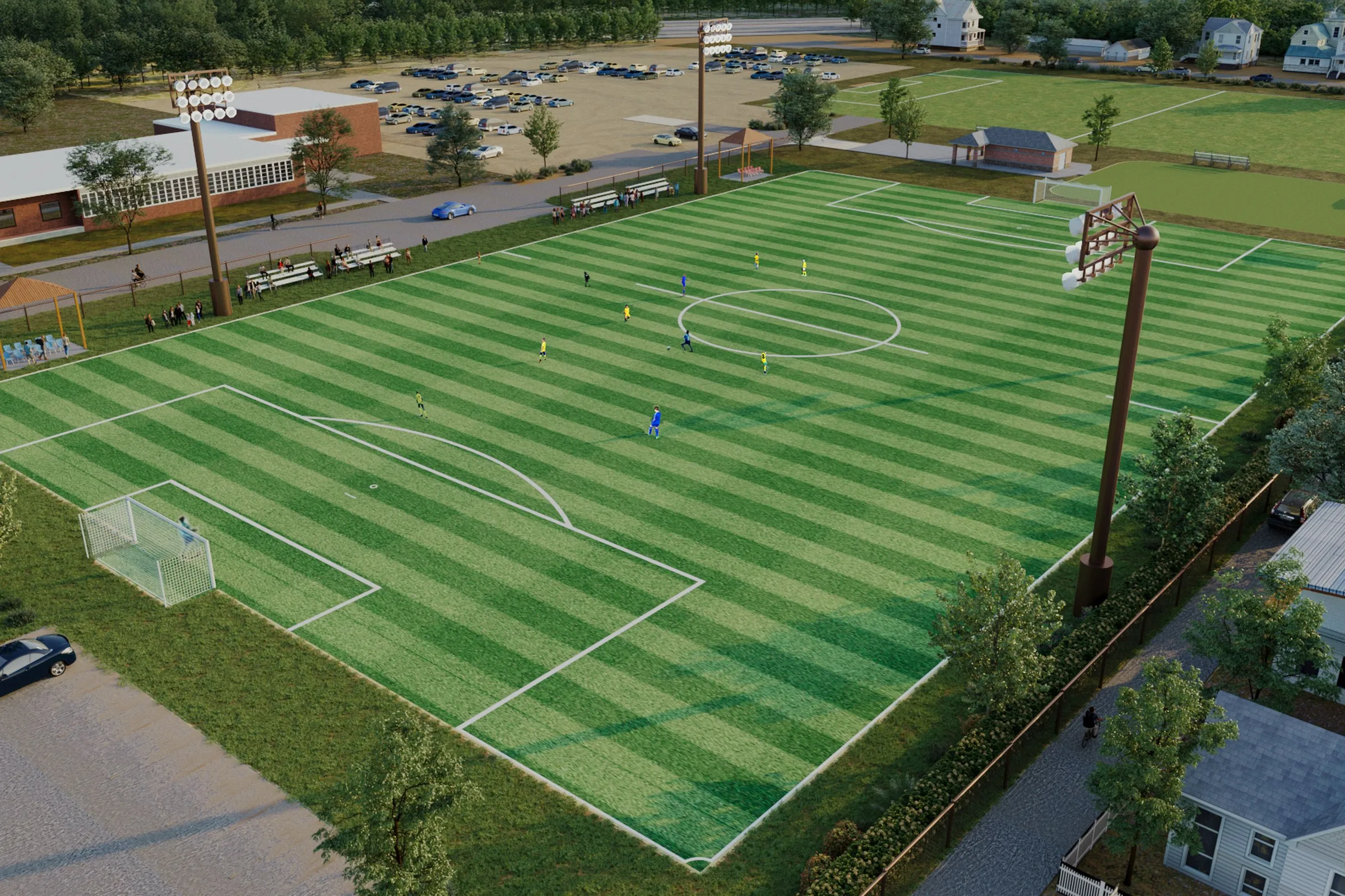 Community Soccer Field — mixed-use 3D rendering by Praxis Studio