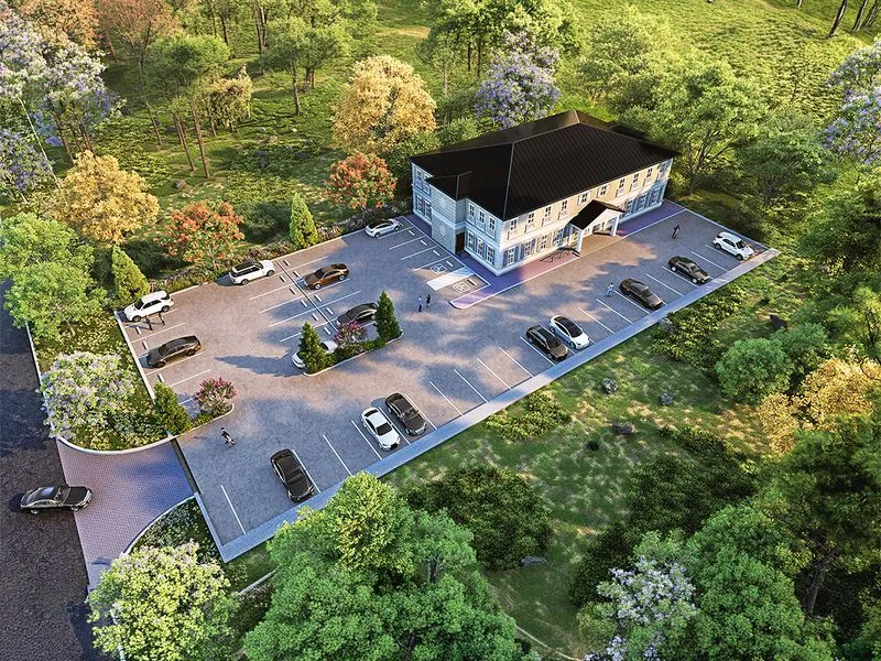 Hilltop Commercial Building — mixed-use 3D rendering