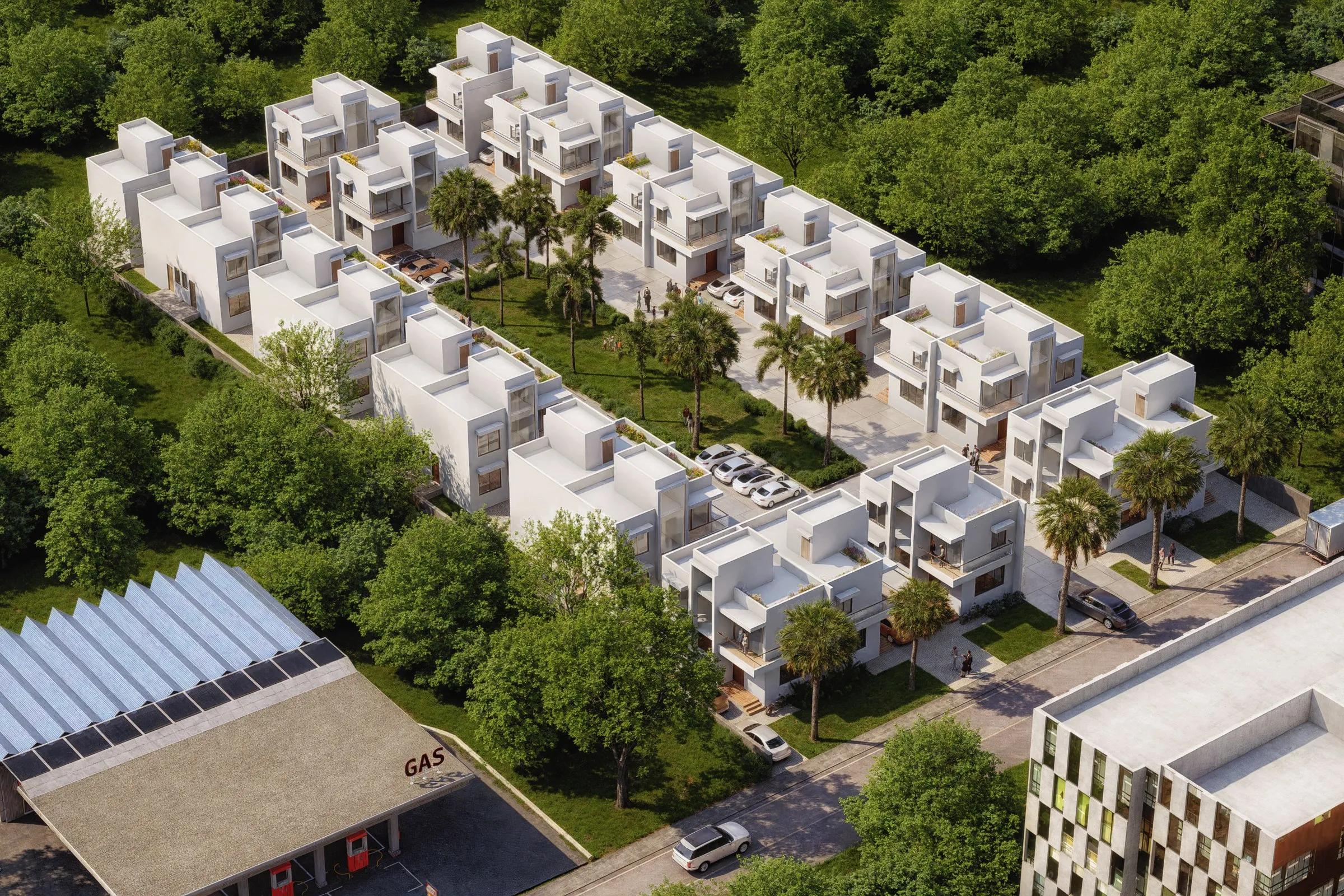 Modern Townhouse Community — mixed-use 3D rendering by Praxis Studio