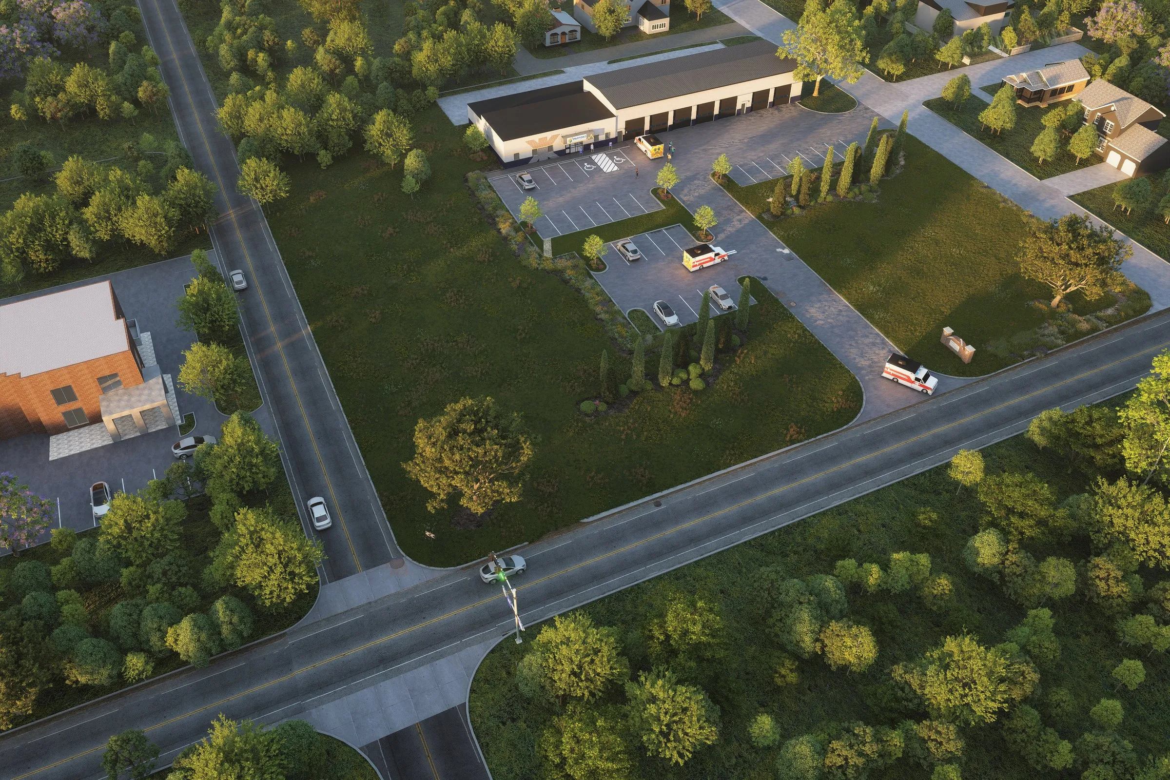 Roadside Commercial Plaza — mixed-use 3D rendering by Praxis Studio