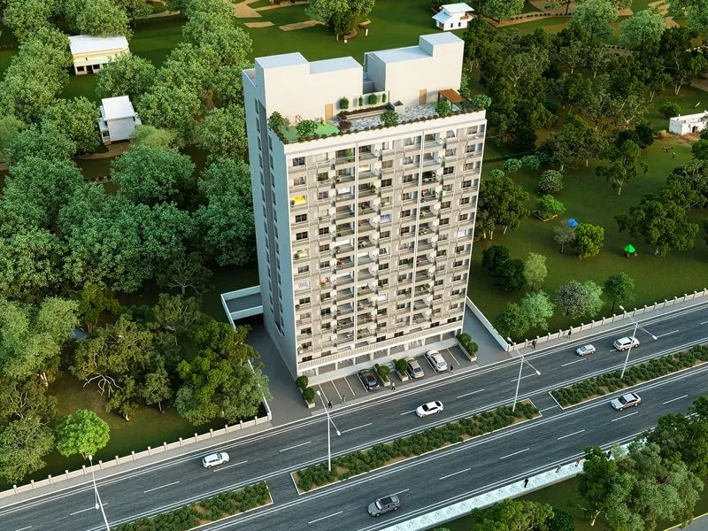 Roadside Highrise Apartment — mixed-use 3D rendering