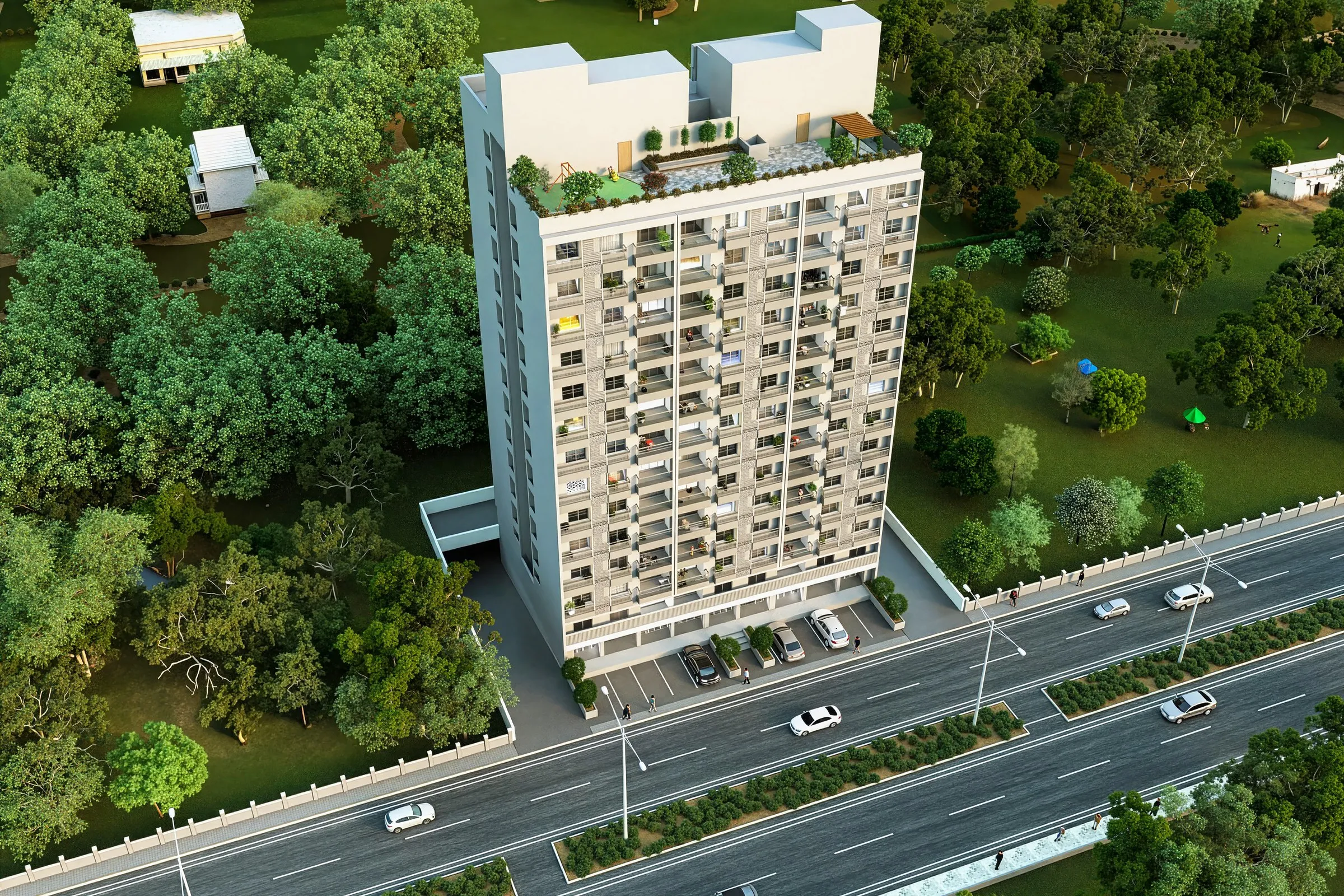 Roadside Highrise Apartment — mixed-use 3D rendering by Praxis Studio