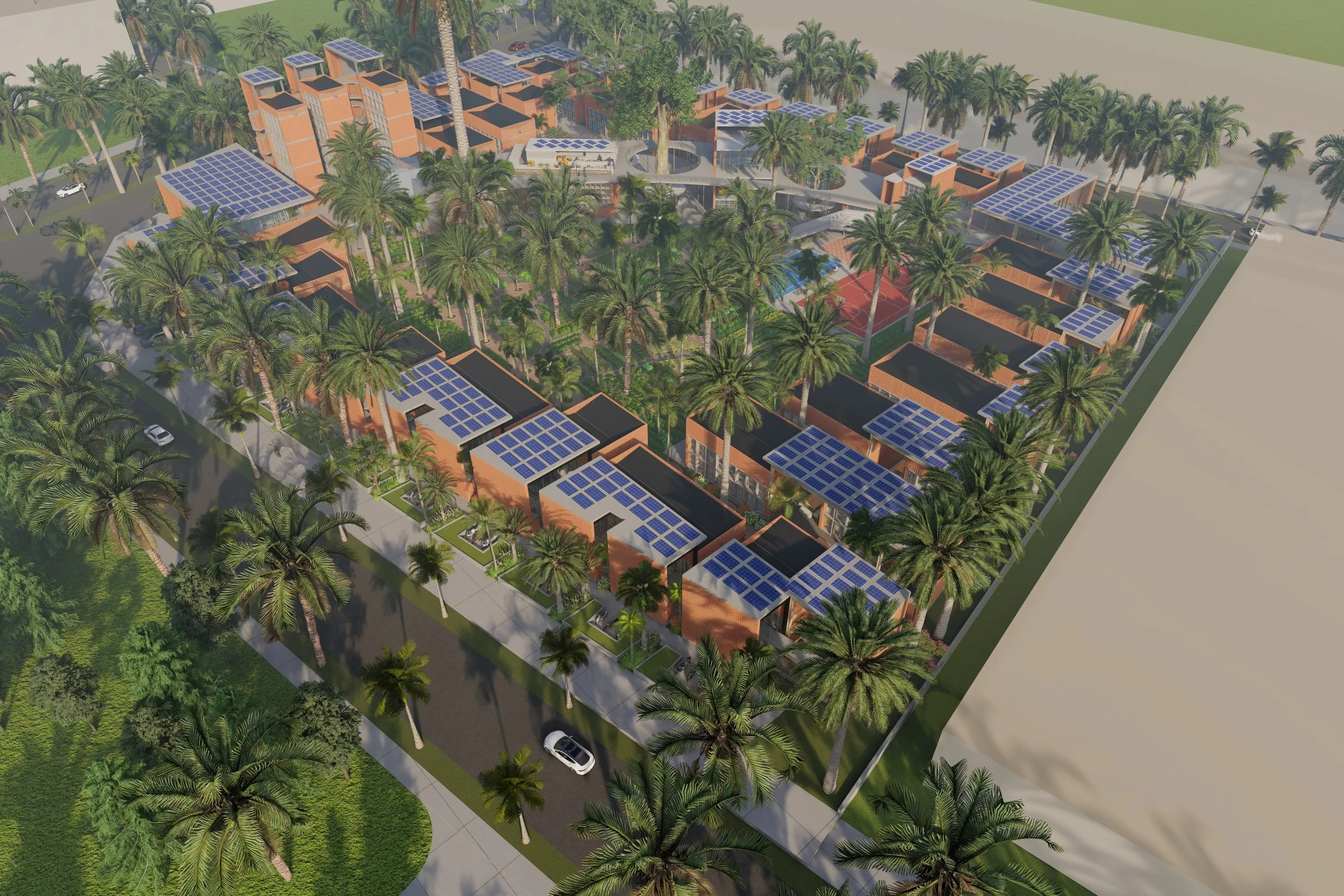 Solar Powered Tropical Township — mixed-use 3D rendering by Praxis Studio