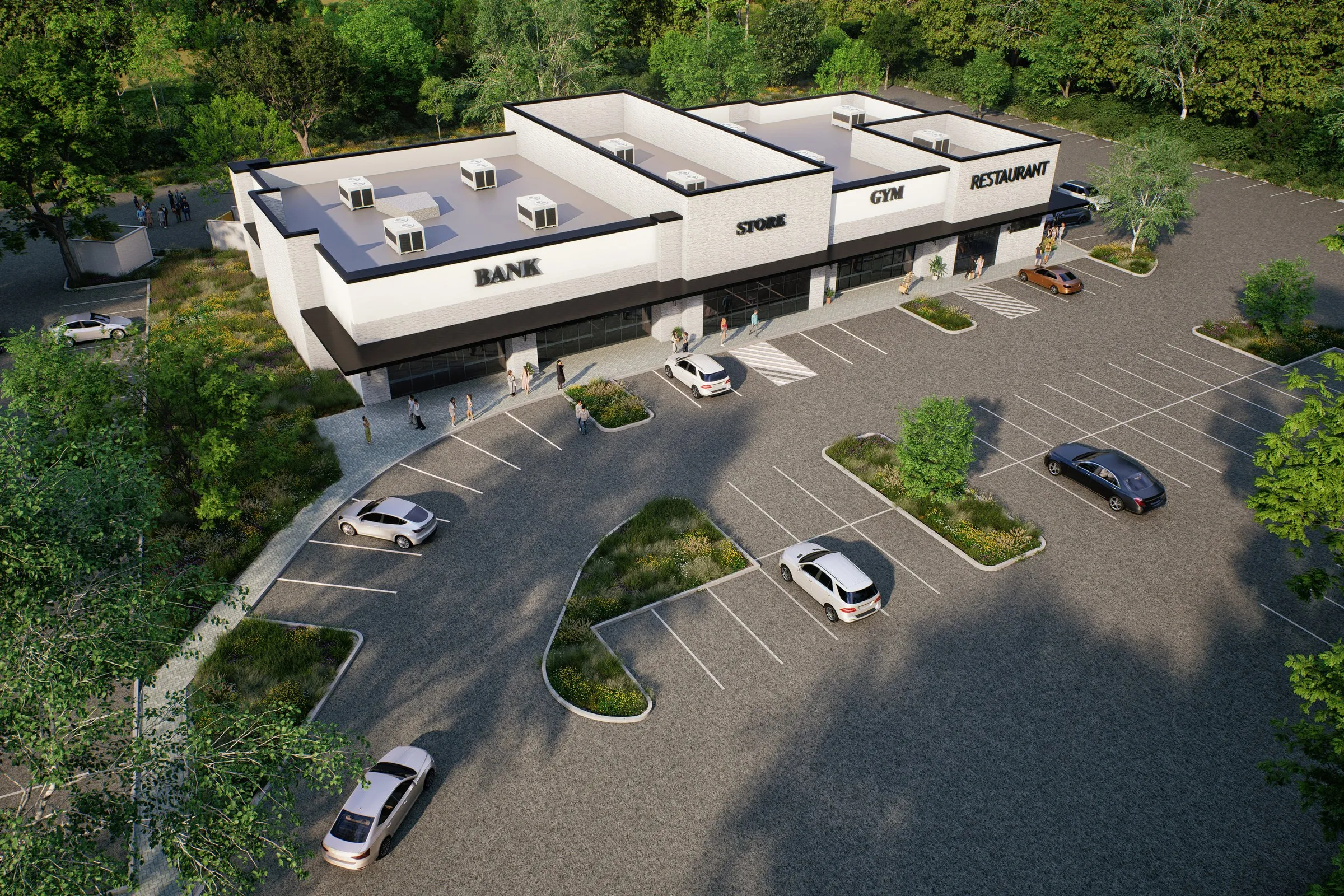 Strip Mall Retail Center — mixed-use 3D rendering by Praxis Studio