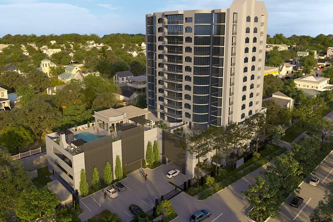Suburban Residential Tower — mixed-use 3D rendering by Praxis Studio