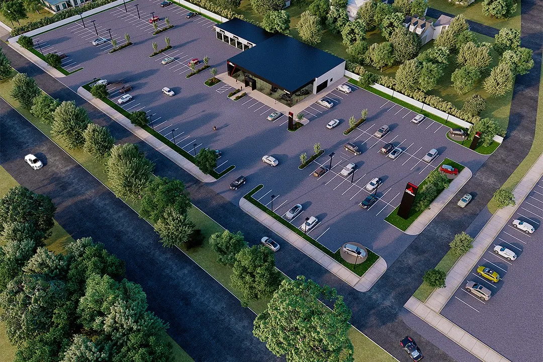 Suburban Retail Pad — mixed-use 3D rendering by Praxis Studio