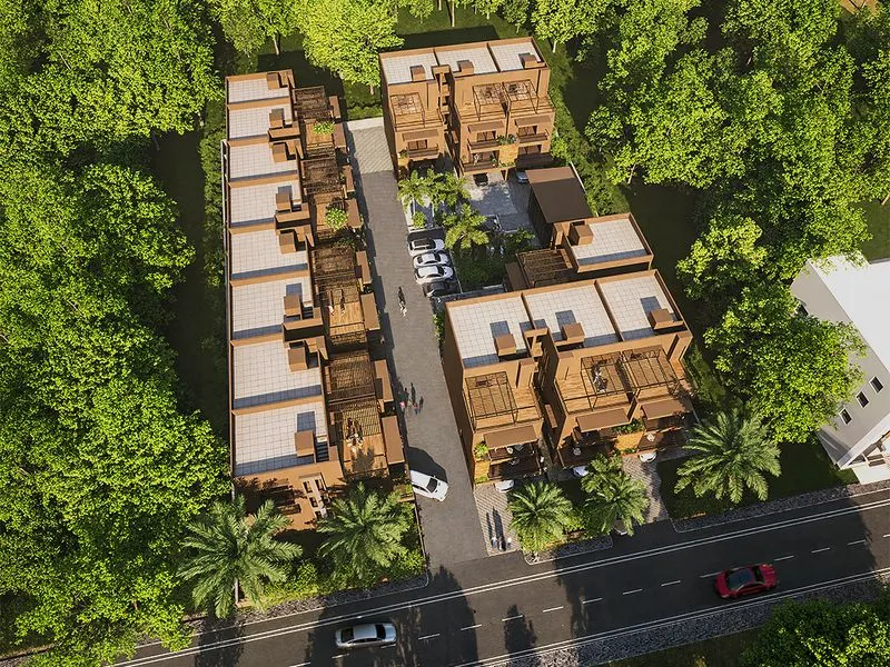 Tropical Townhouse Cluster — mixed-use 3D rendering