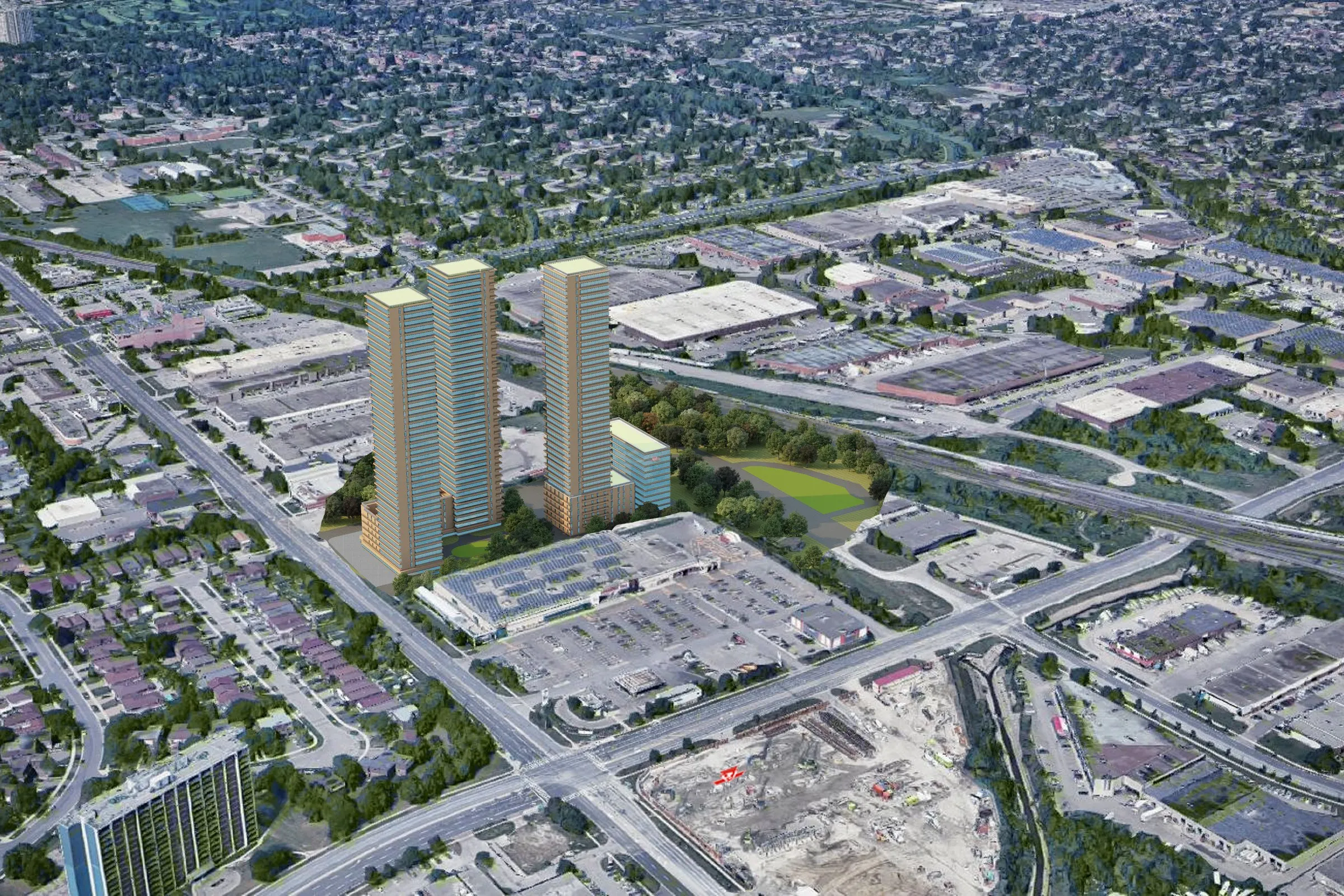 Twin Highrise Towers — mixed-use 3D rendering by Praxis Studio