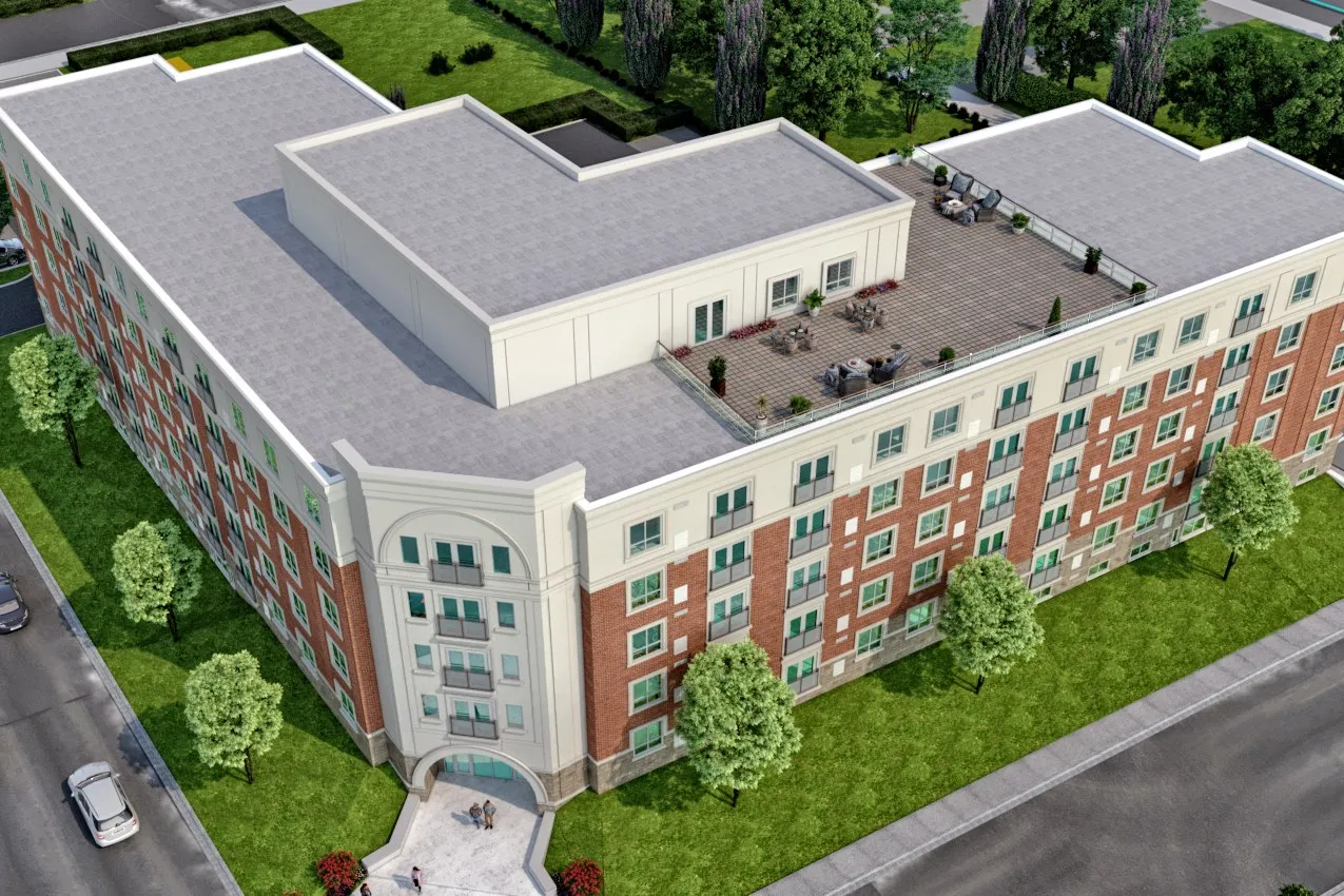Brick Midrise Entrance — commercial 3D rendering by Praxis Studio