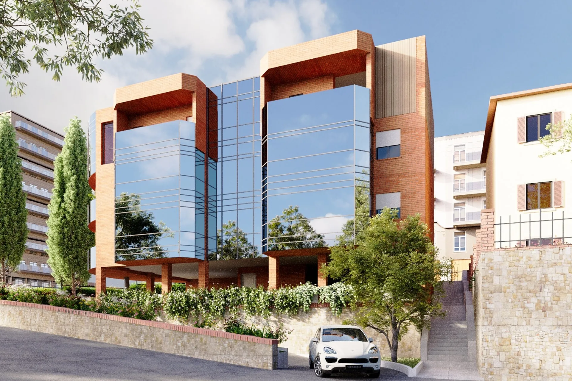 Curved Glass Brick Office — commercial architectural visualization, view 1