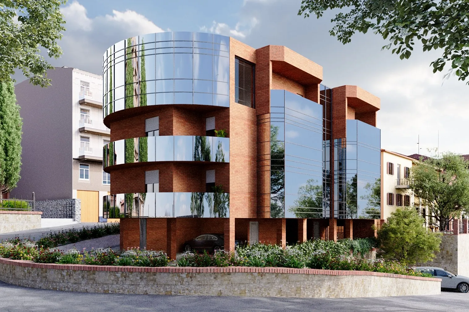 Curved Glass Brick Office — commercial 3D rendering by Praxis Studio