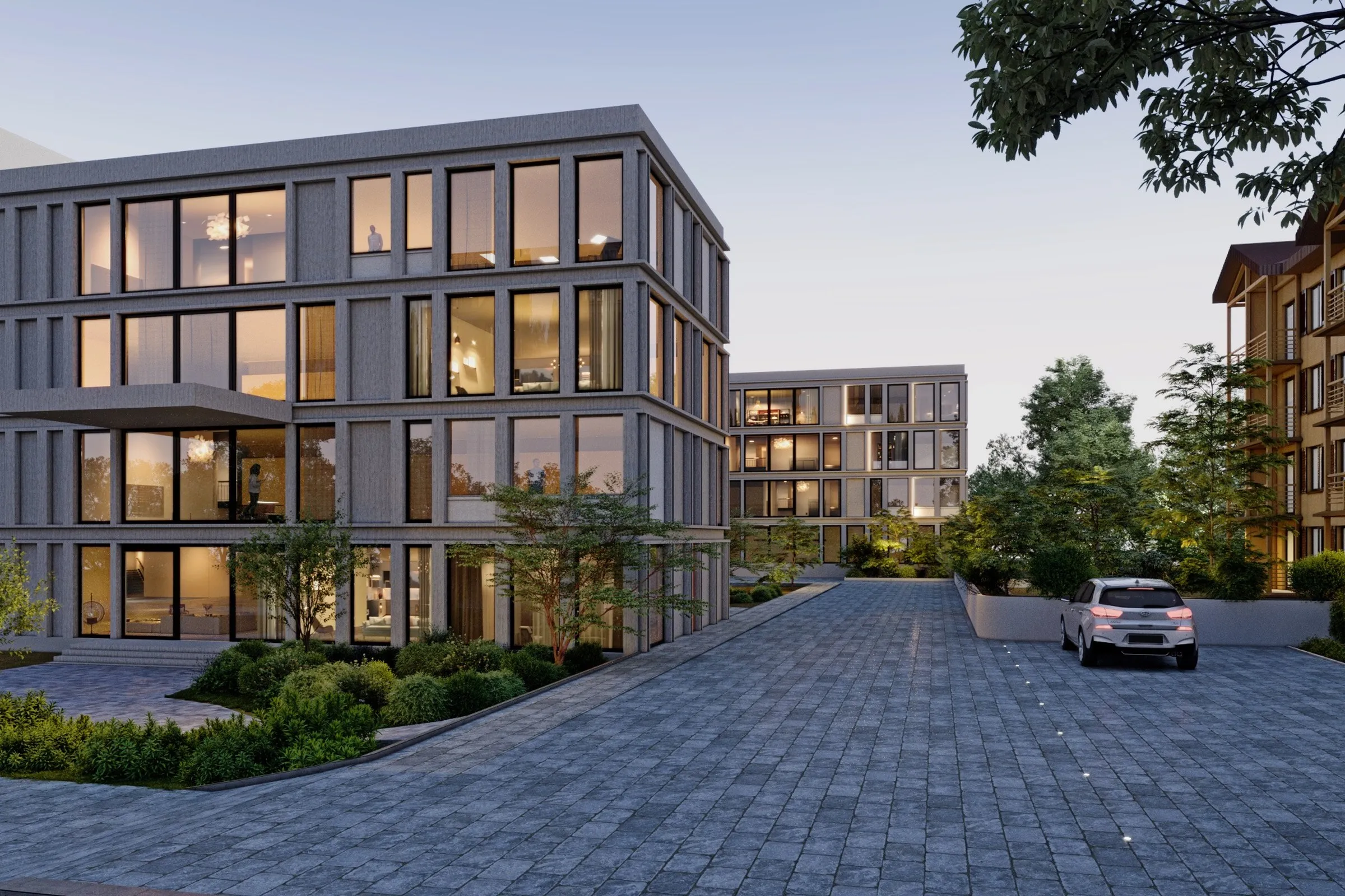 Modern Office Complex Dusk — commercial 3D rendering by Praxis Studio