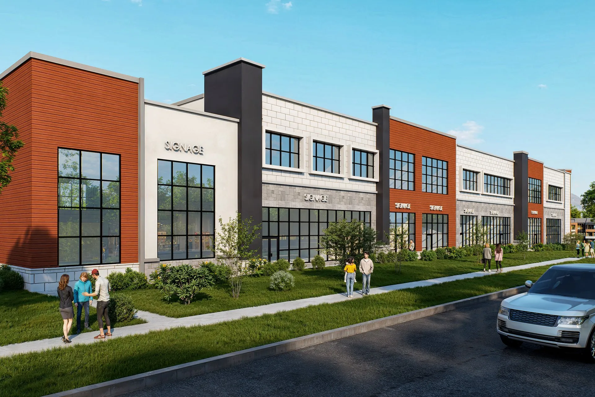 Modern Retail Plaza Orange Brick — commercial architectural visualization, view 1