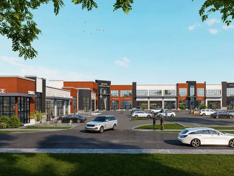 Modern Retail Plaza Orange Brick — commercial 3D rendering