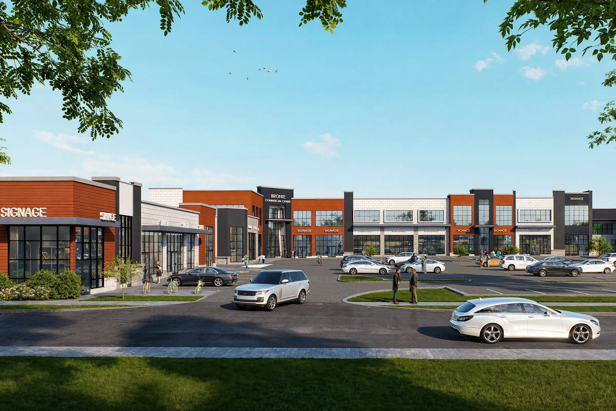 Modern Retail Plaza Orange Brick — commercial 3D rendering by Praxis Studio