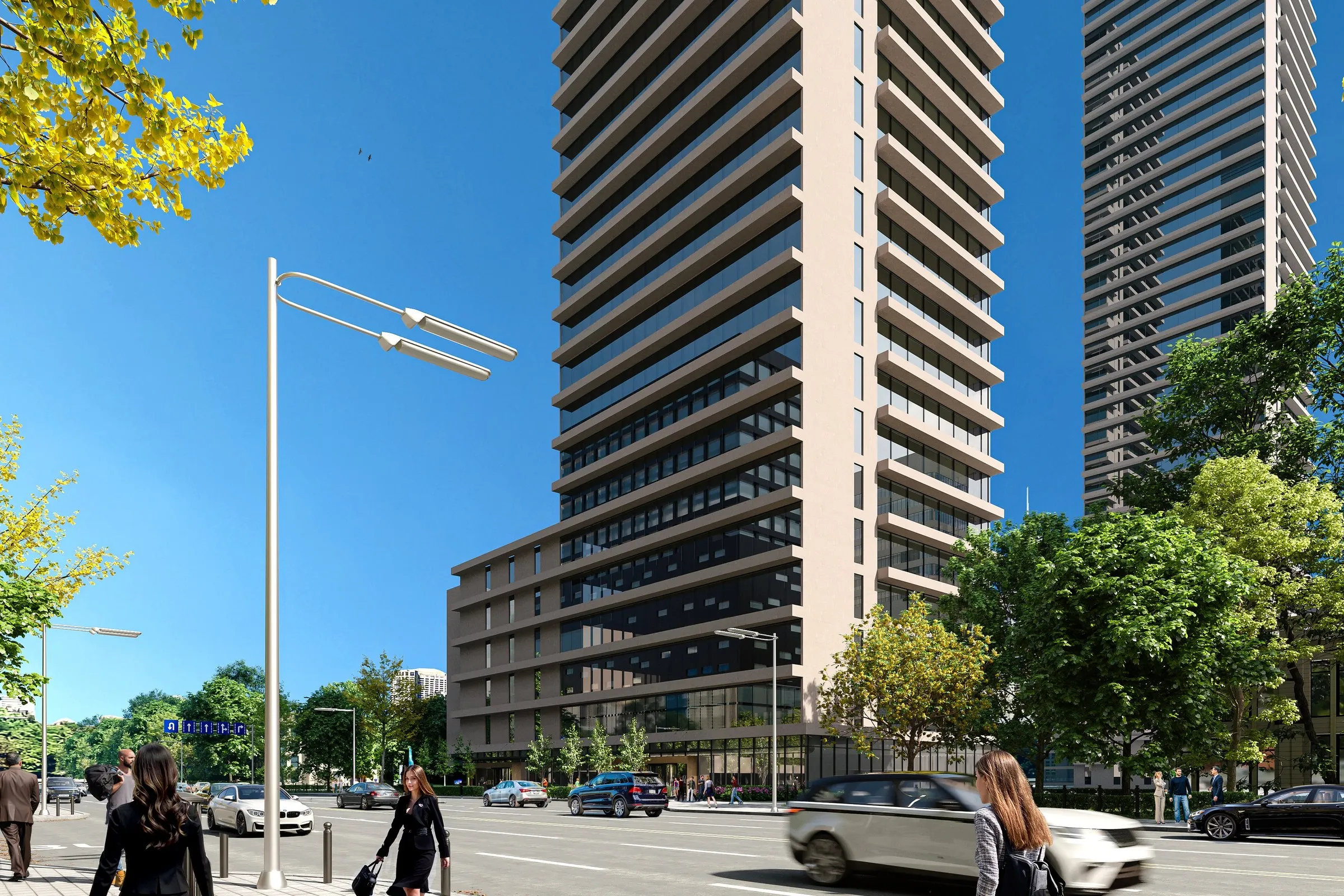 Urban Twin Towers Streetscape — commercial 3D rendering by Praxis Studio