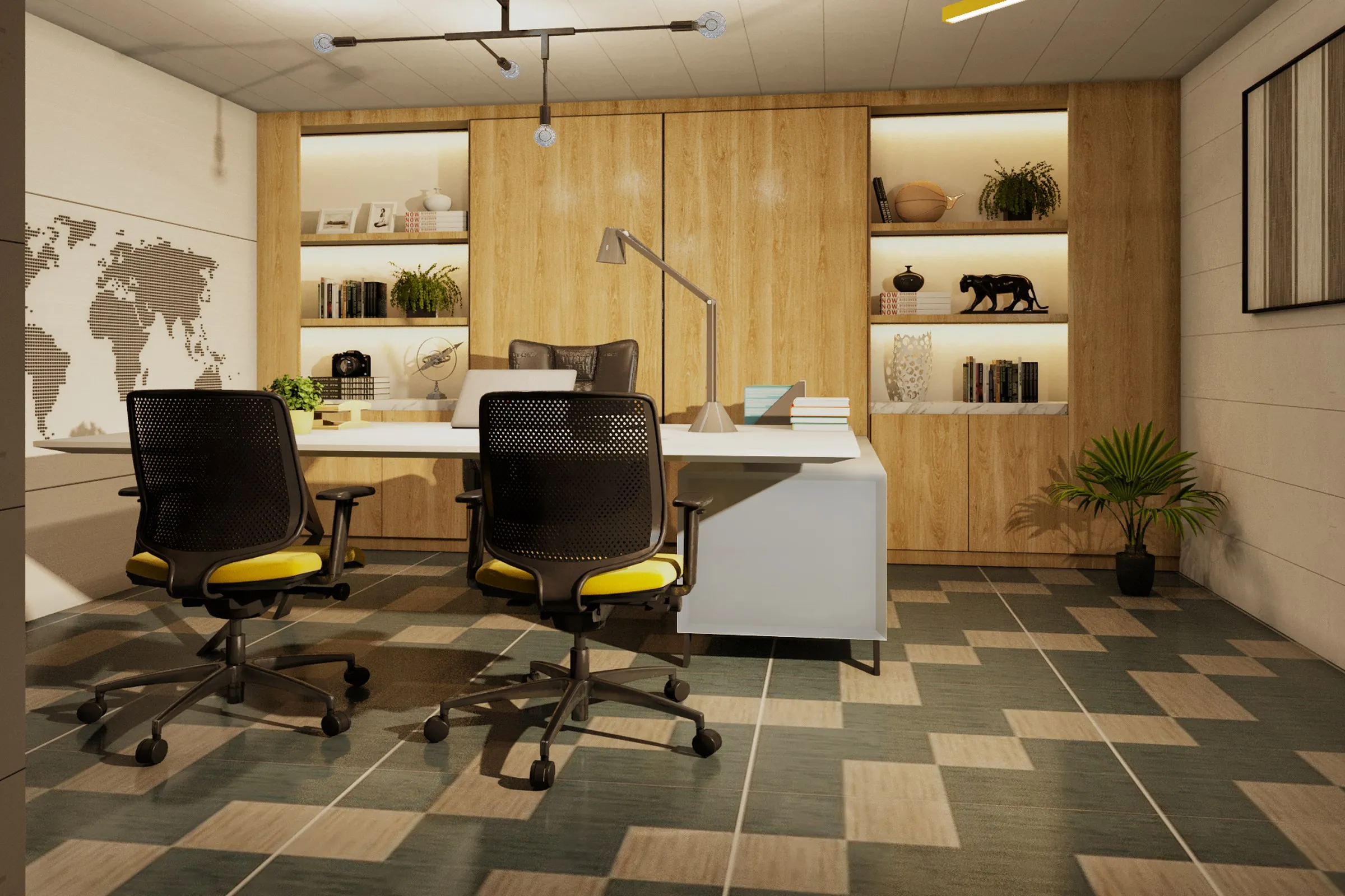 Executive Warm Wood Office — commercial 3D rendering by Praxis Studio