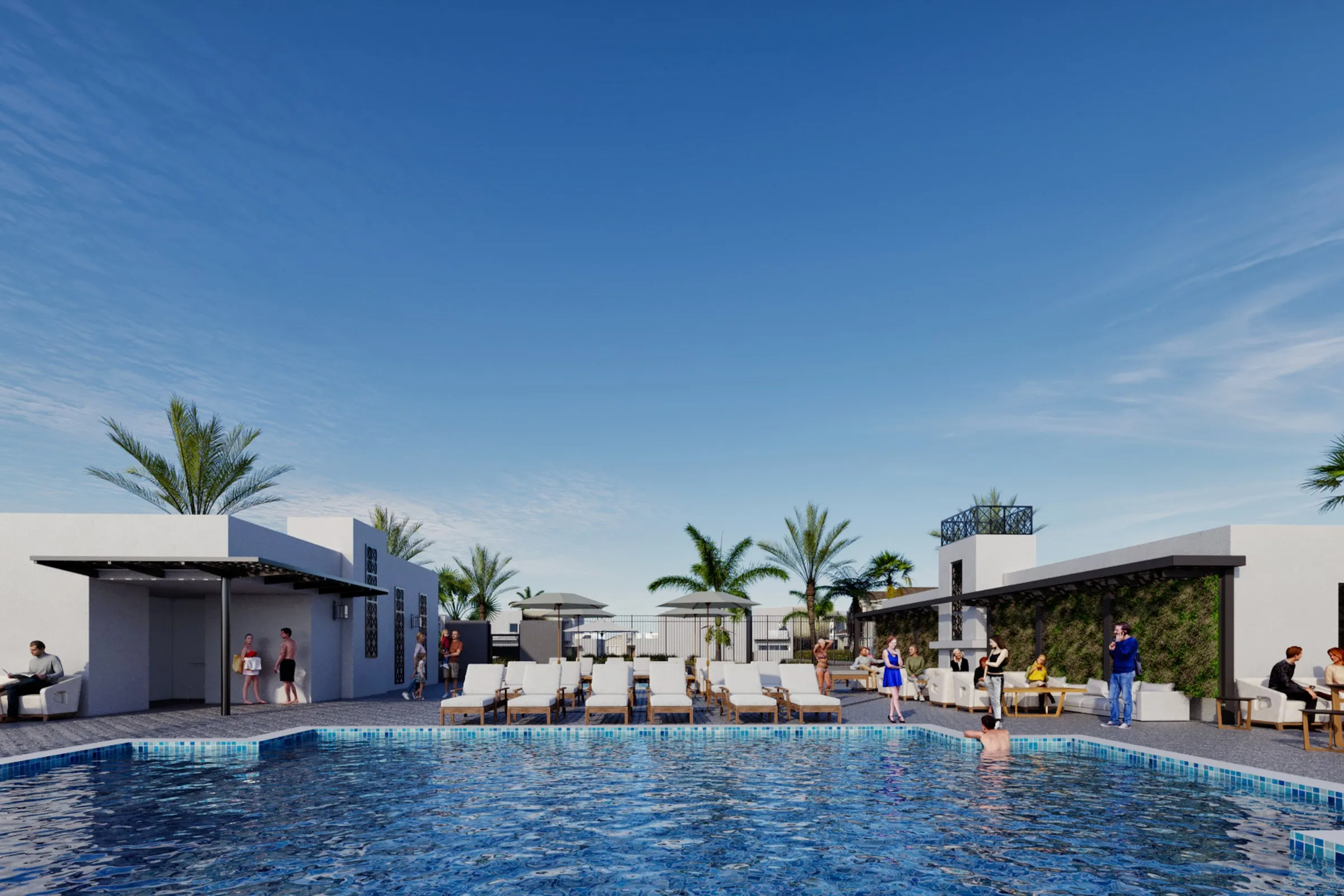 Minimalist Resort Pool Complex — hospitality 3D rendering by Praxis Studio