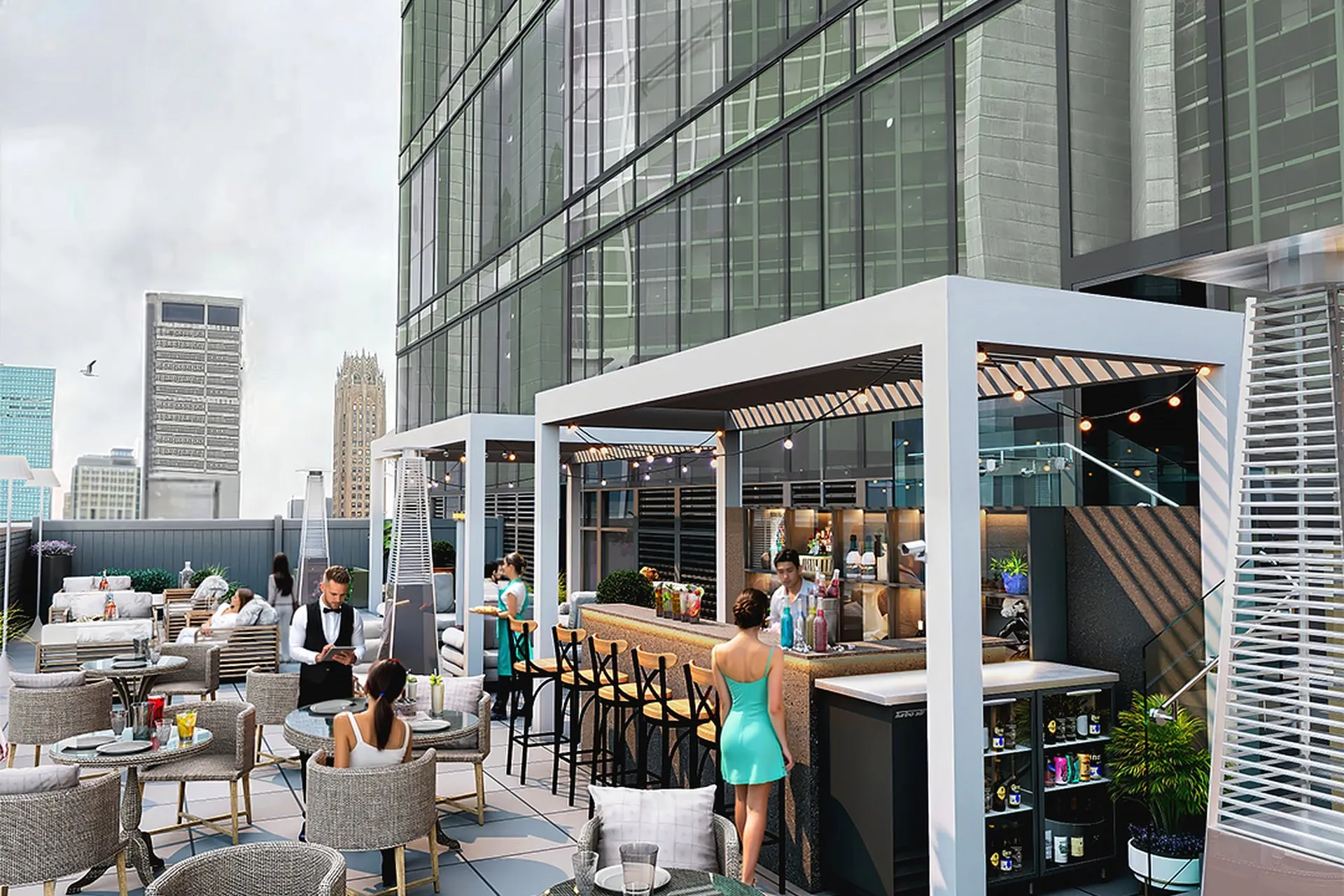 Urban Highrise Rooftop Lounge — hospitality architectural visualization, view 1