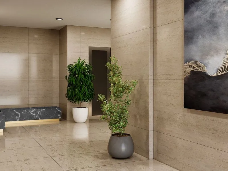 11 Travertine Lobby — hospitality 3D rendering
