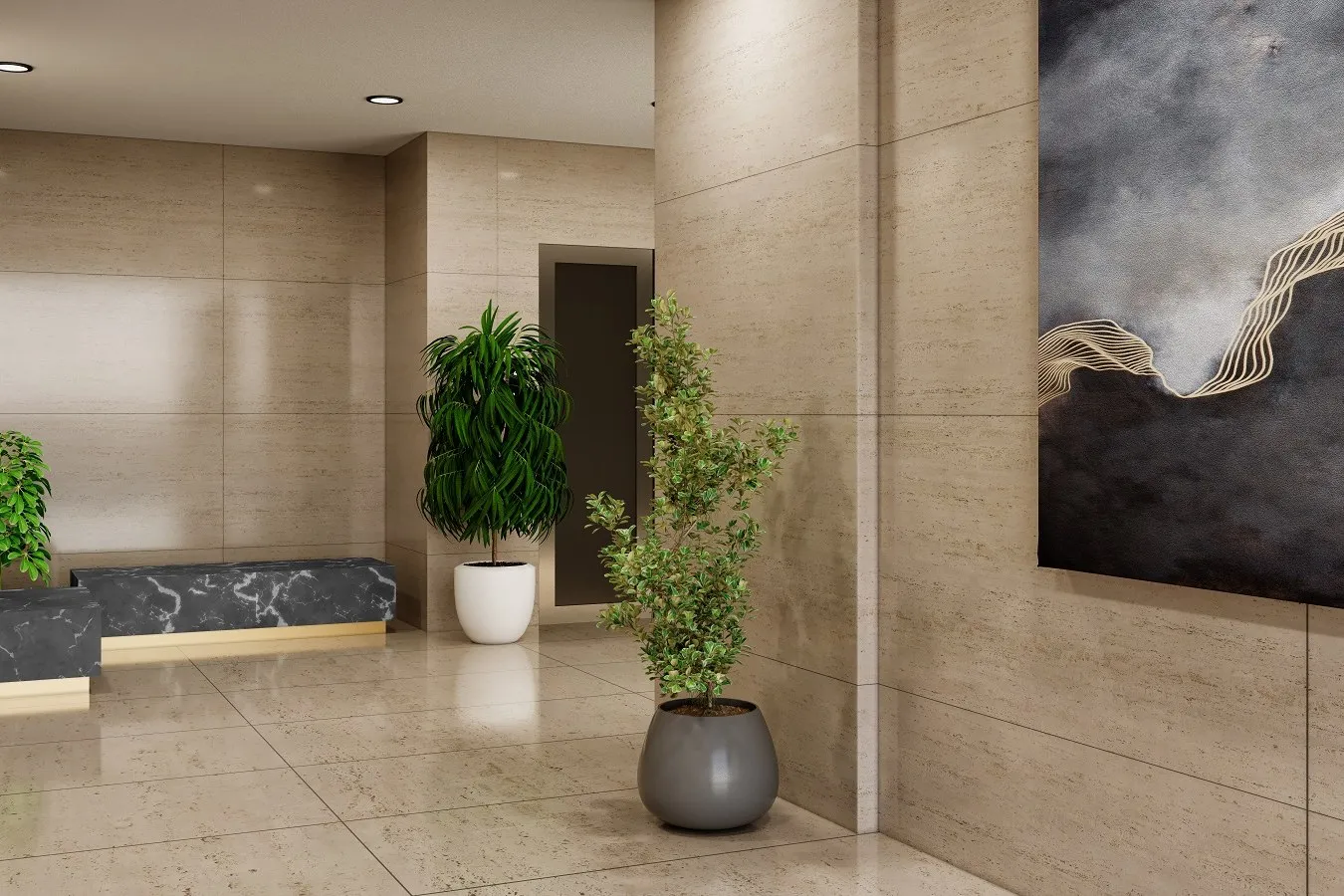 11 Travertine Lobby — hospitality 3D rendering by Praxis Studio