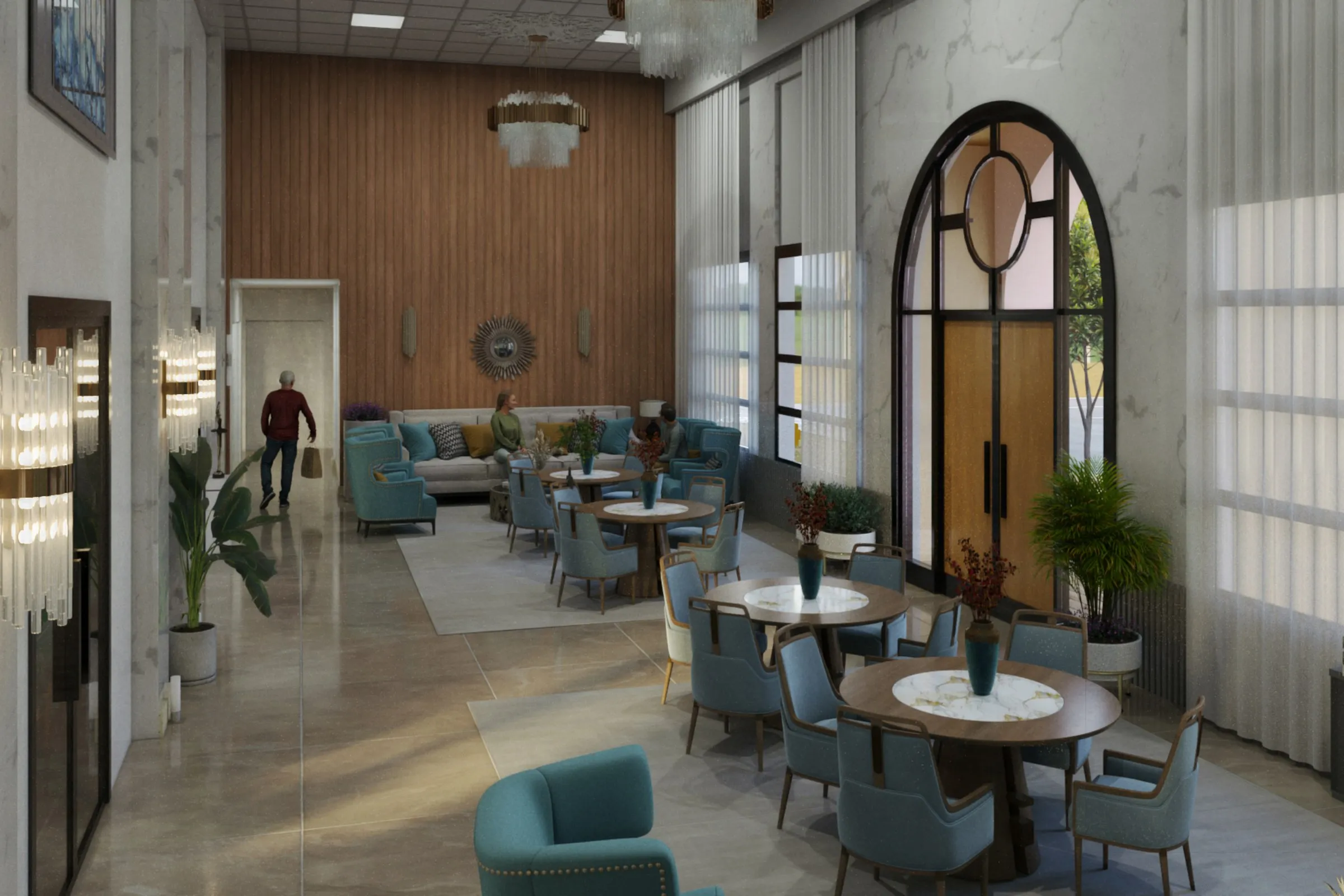 Hotel Art Deco Lounge — hospitality 3D rendering by Praxis Studio