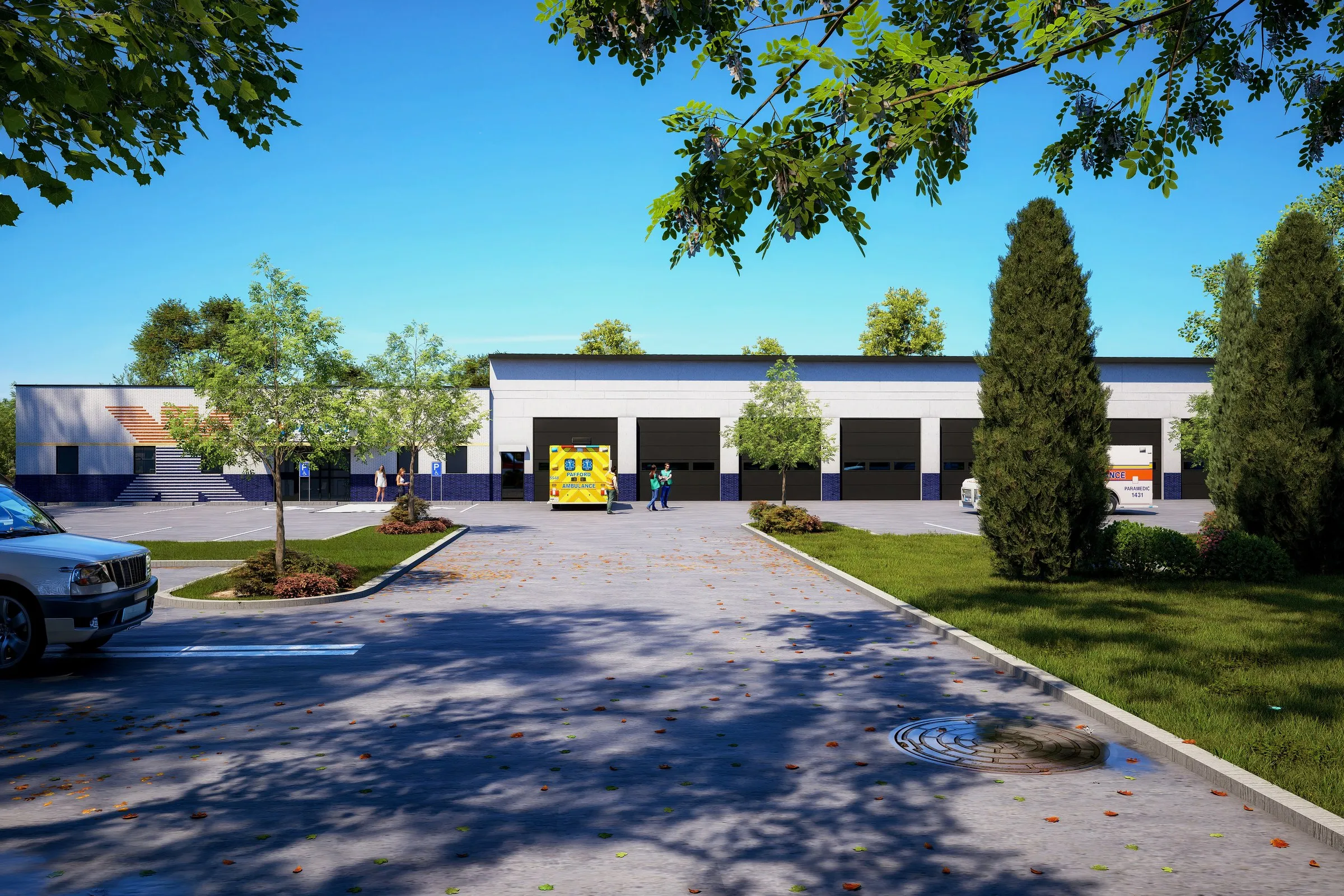 Project 100 Fire Station — institutional 3D rendering by Praxis Studio