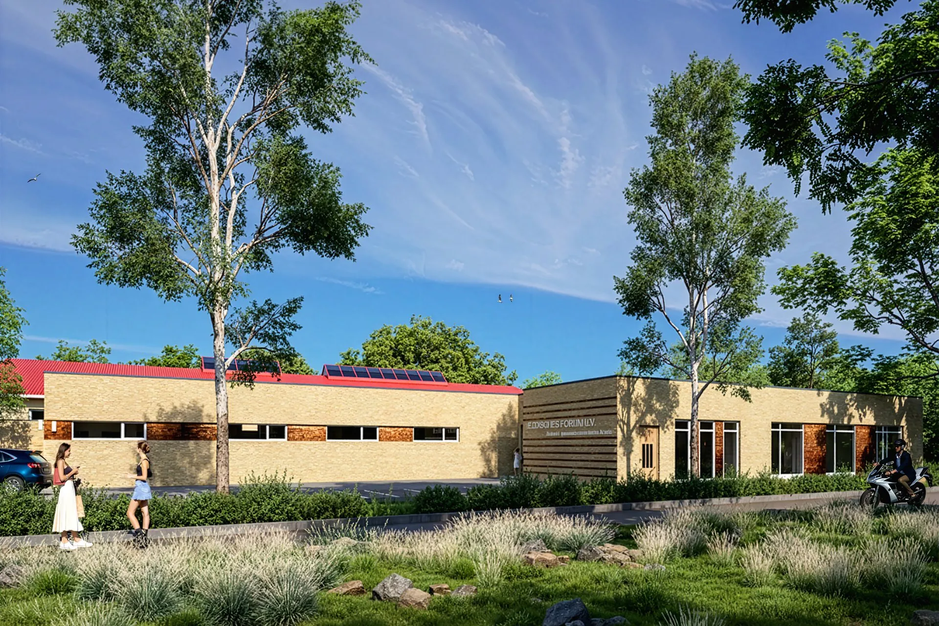 Project Community Center Brick Stucco — institutional architectural visualization, view 1