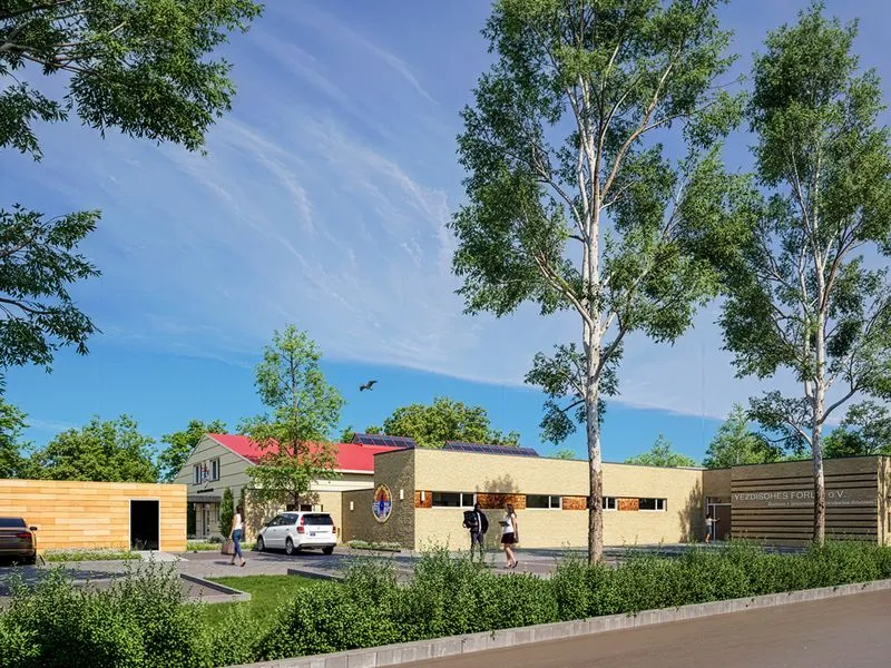 Project Community Center Brick Stucco — institutional 3D rendering