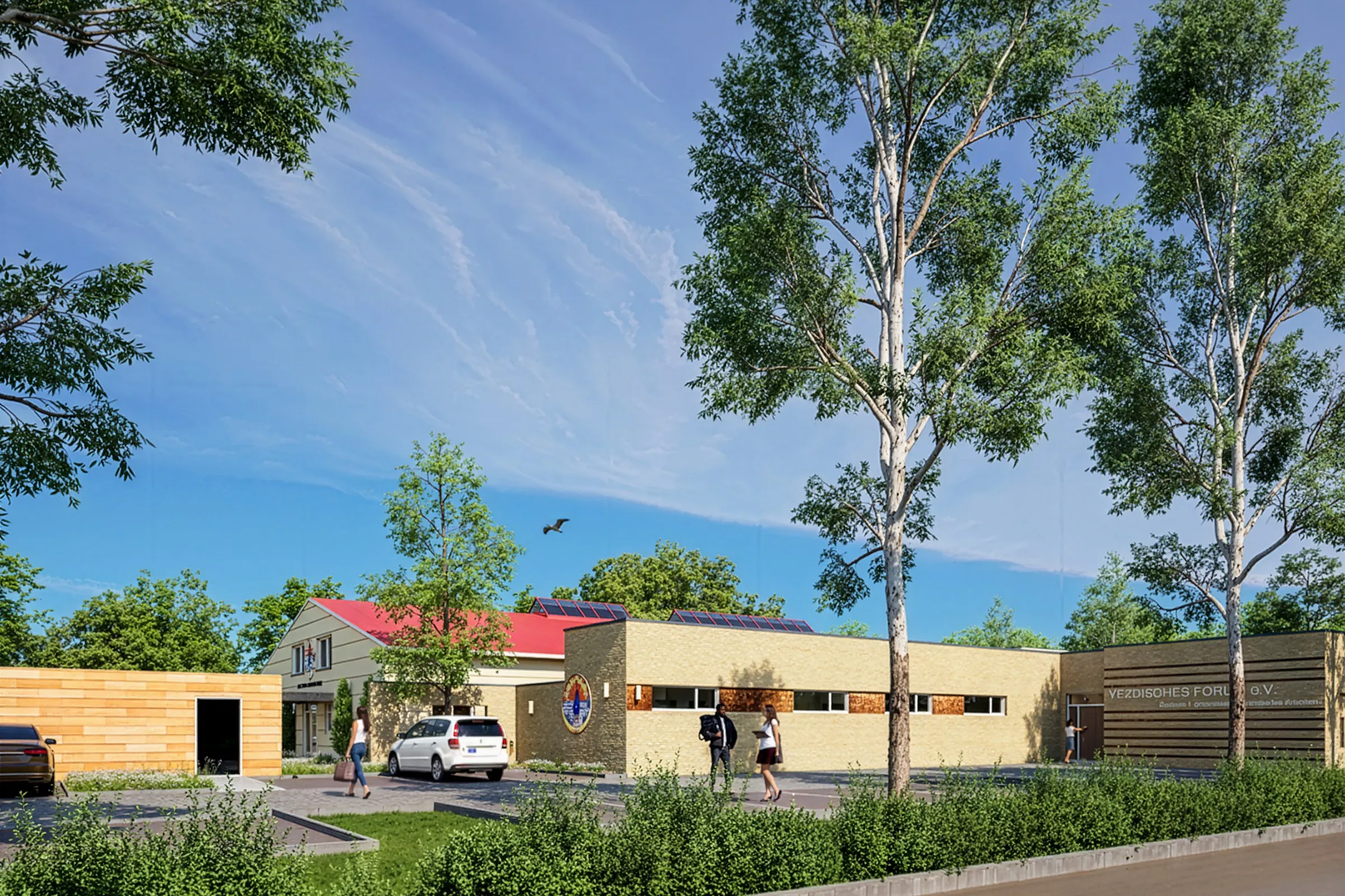 Project Community Center Brick Stucco — institutional 3D rendering by Praxis Studio