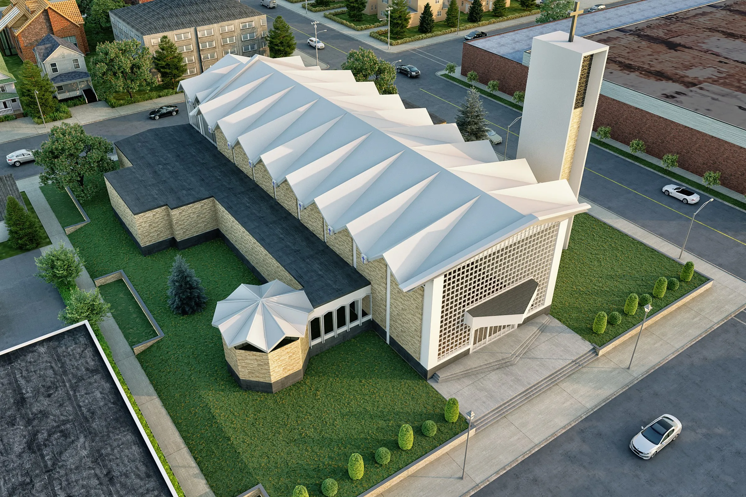 Project Folded Roof Church — institutional 3D rendering by Praxis Studio