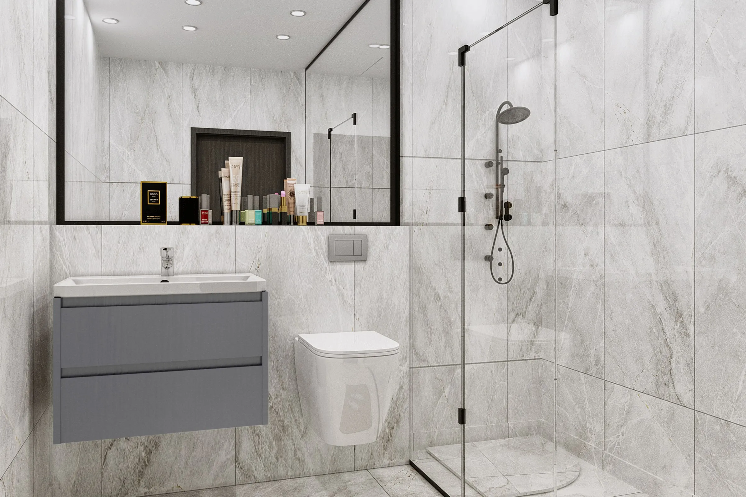 112 Marble Bathroom — residential 3D rendering by Praxis Studio