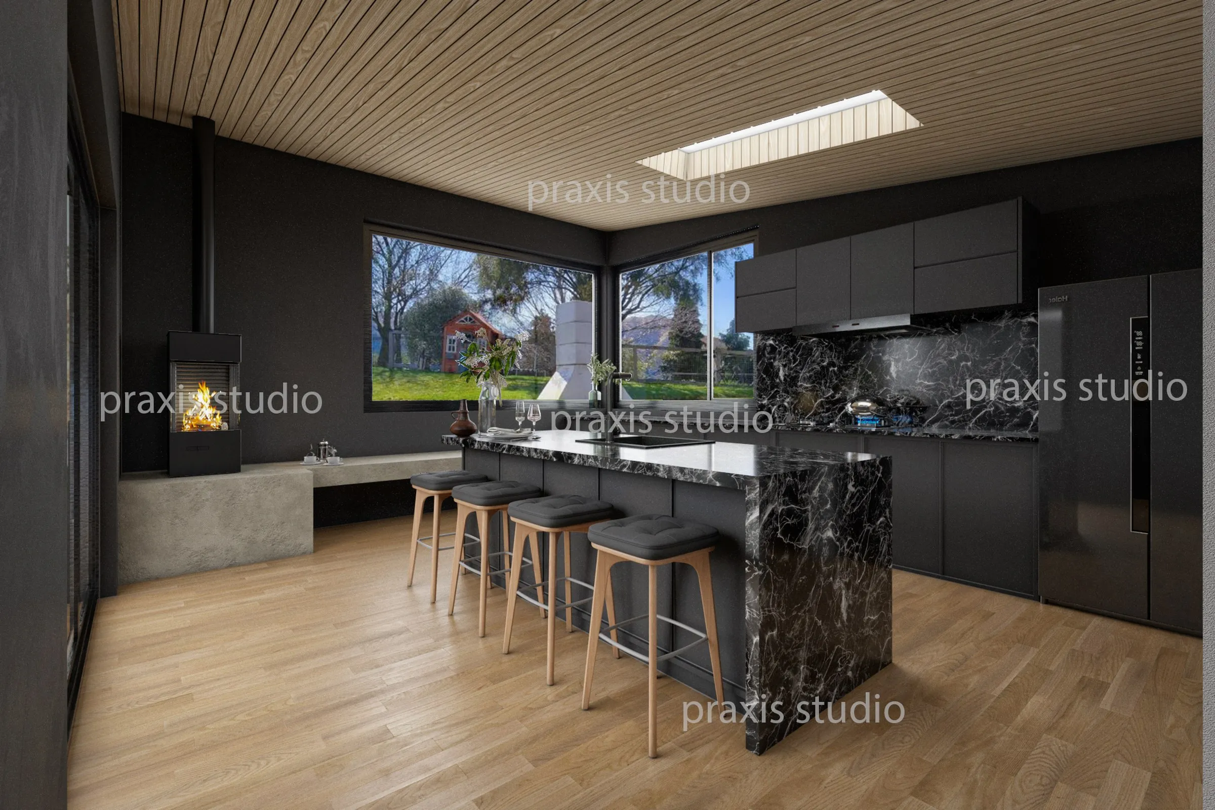 115 Dark Modern Kitchen — residential 3D rendering by Praxis Studio