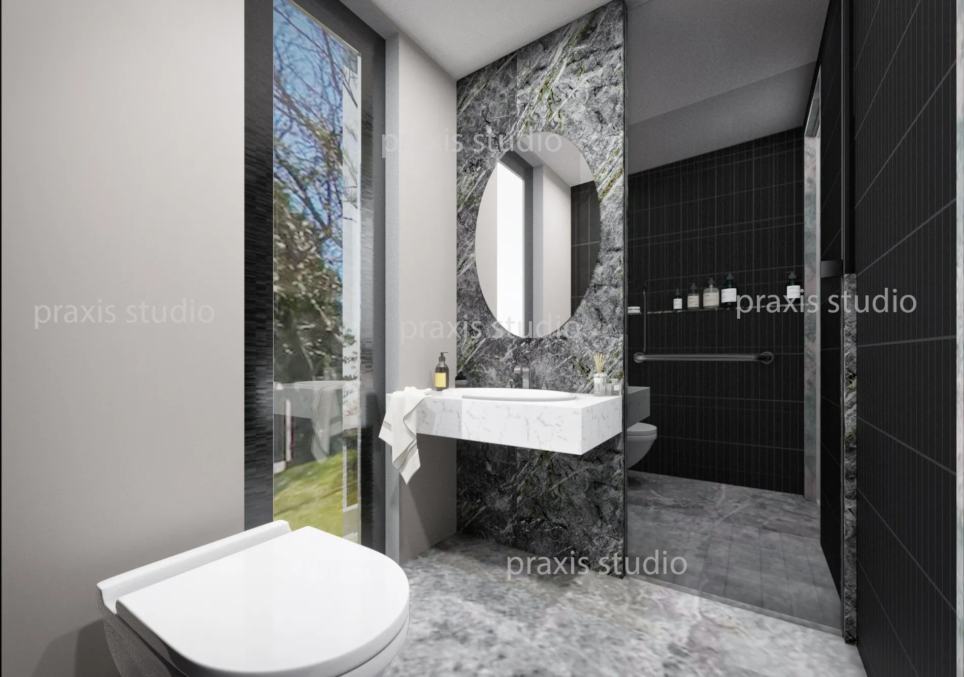 115 Dark Stone Bathroom — residential 3D rendering by Praxis Studio