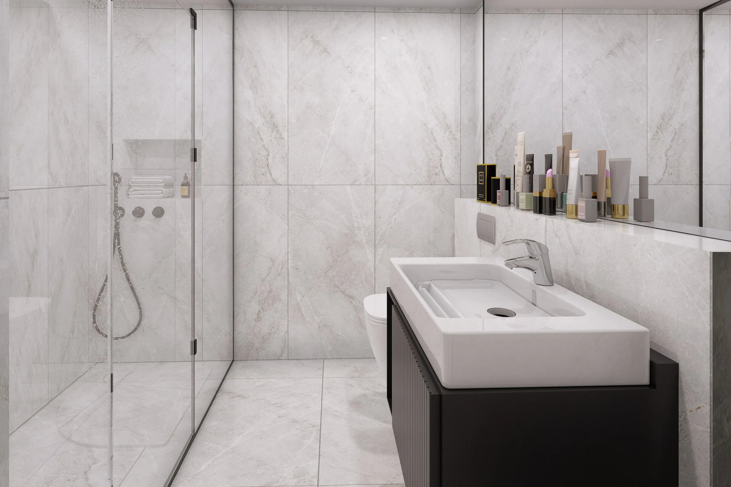 93 Minimal Marble Bath — residential 3D rendering by Praxis Studio