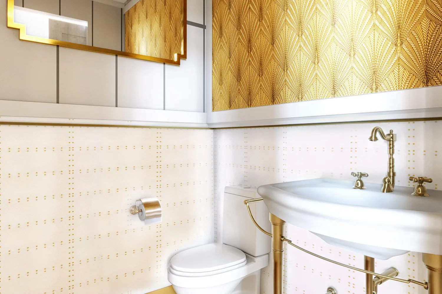 Art Deco Gold Powder Room — residential 3D rendering by Praxis Studio