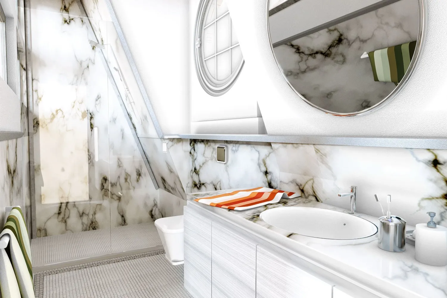 Attic Marble Bathroom — residential 3D rendering by Praxis Studio