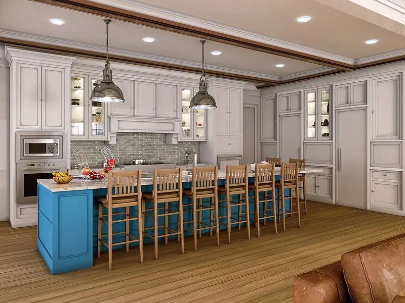 Classic Blue Island Kitchen — residential 3D rendering