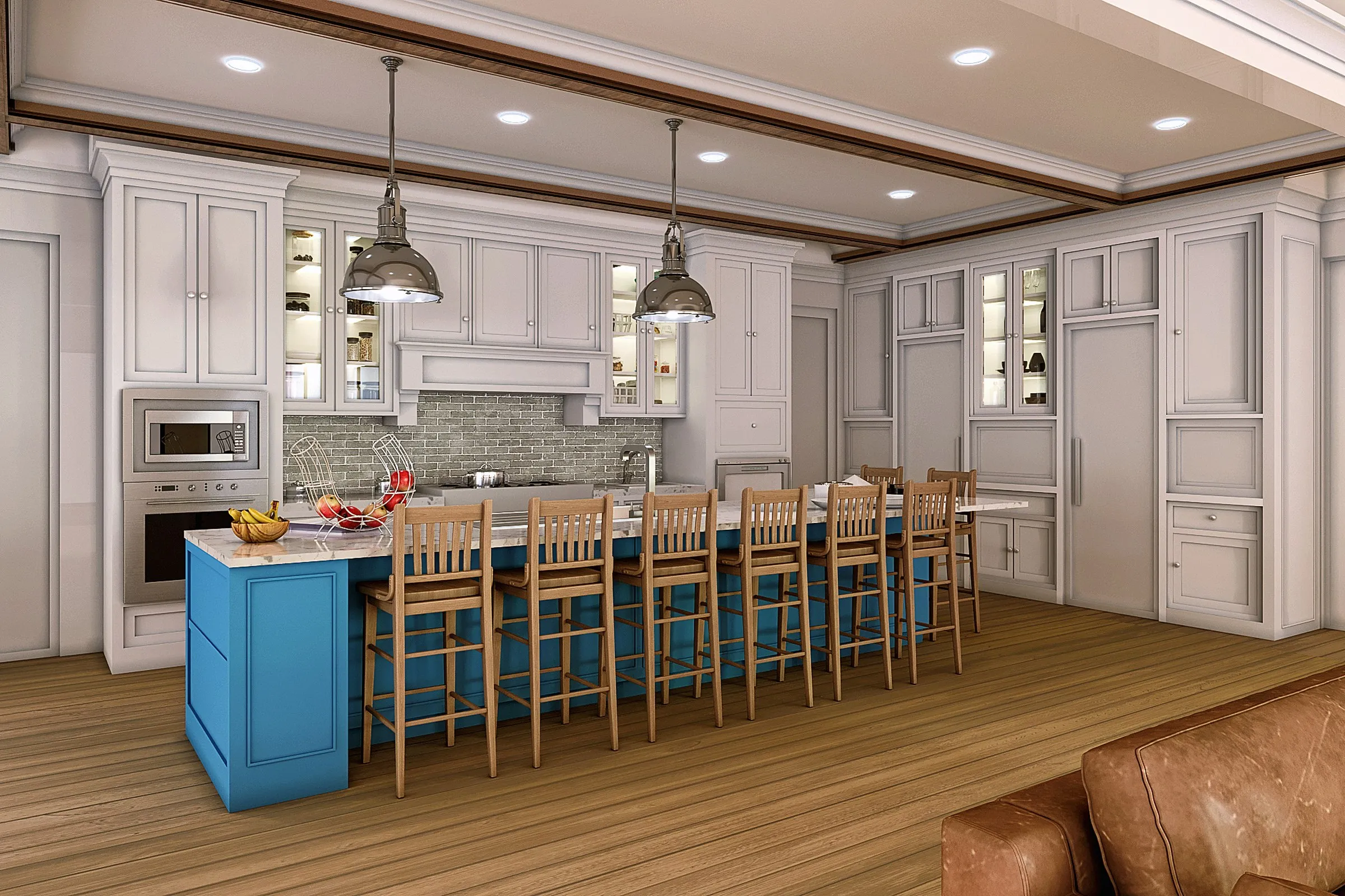 Classic Blue Island Kitchen — residential 3D rendering by Praxis Studio