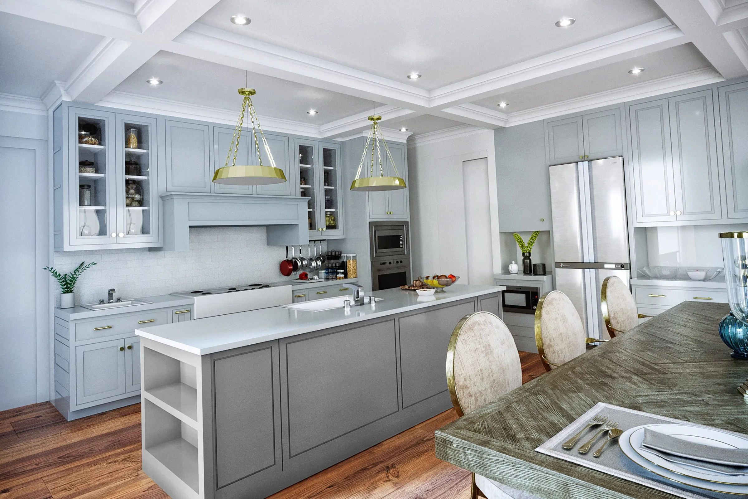 Classic Gray Kitchen Coffered Ceiling — residential 3D rendering by Praxis Studio