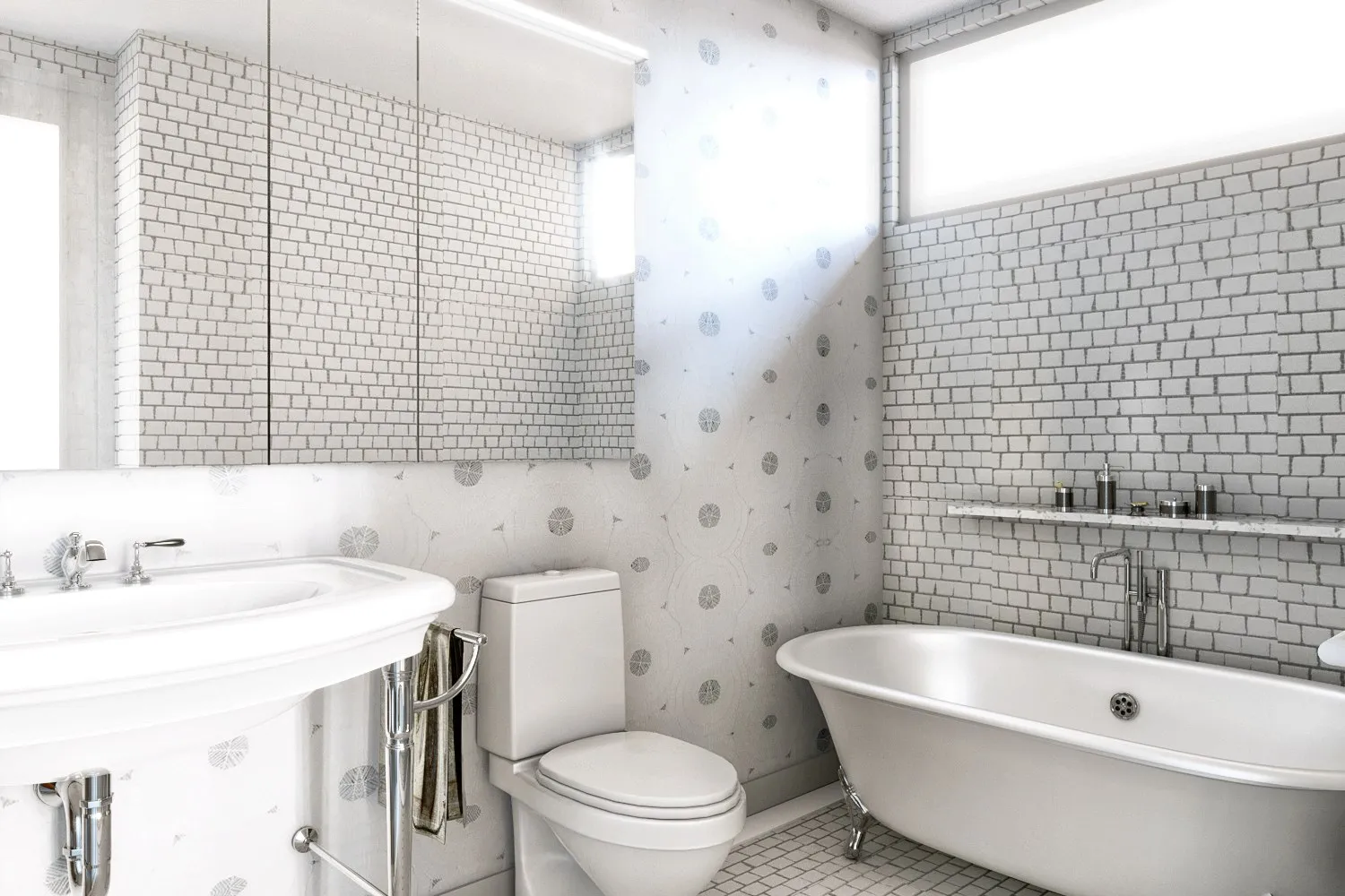Classic White Clawfoot Bathroom — residential 3D rendering by Praxis Studio