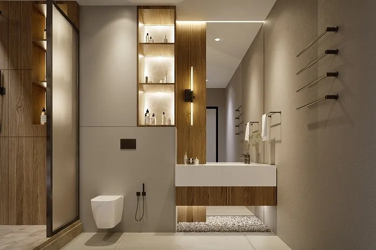 Contemporary Walnut Display Bath — residential 3D rendering by Praxis Studio