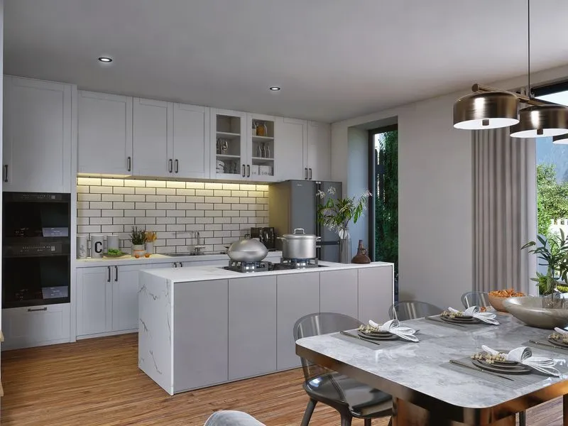 Contemporary White Kitchen Dining — residential 3D rendering