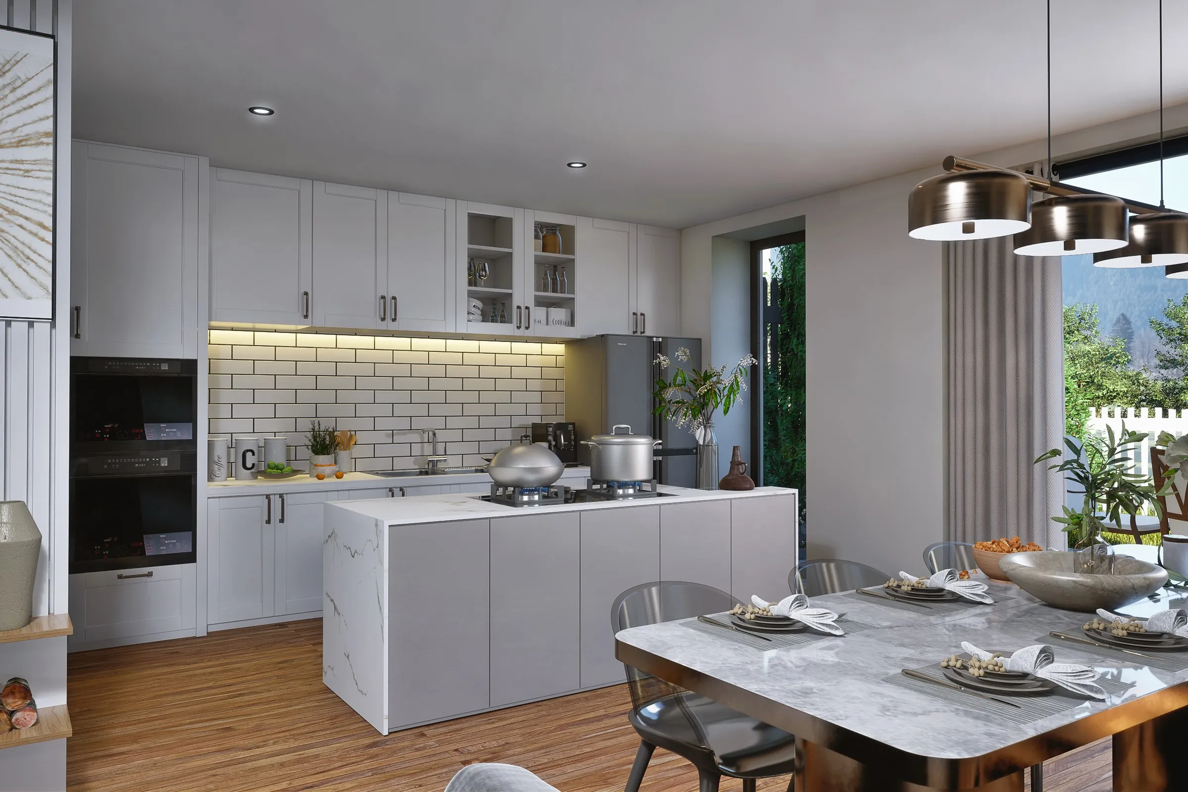 Contemporary White Kitchen Dining — residential 3D rendering by Praxis Studio