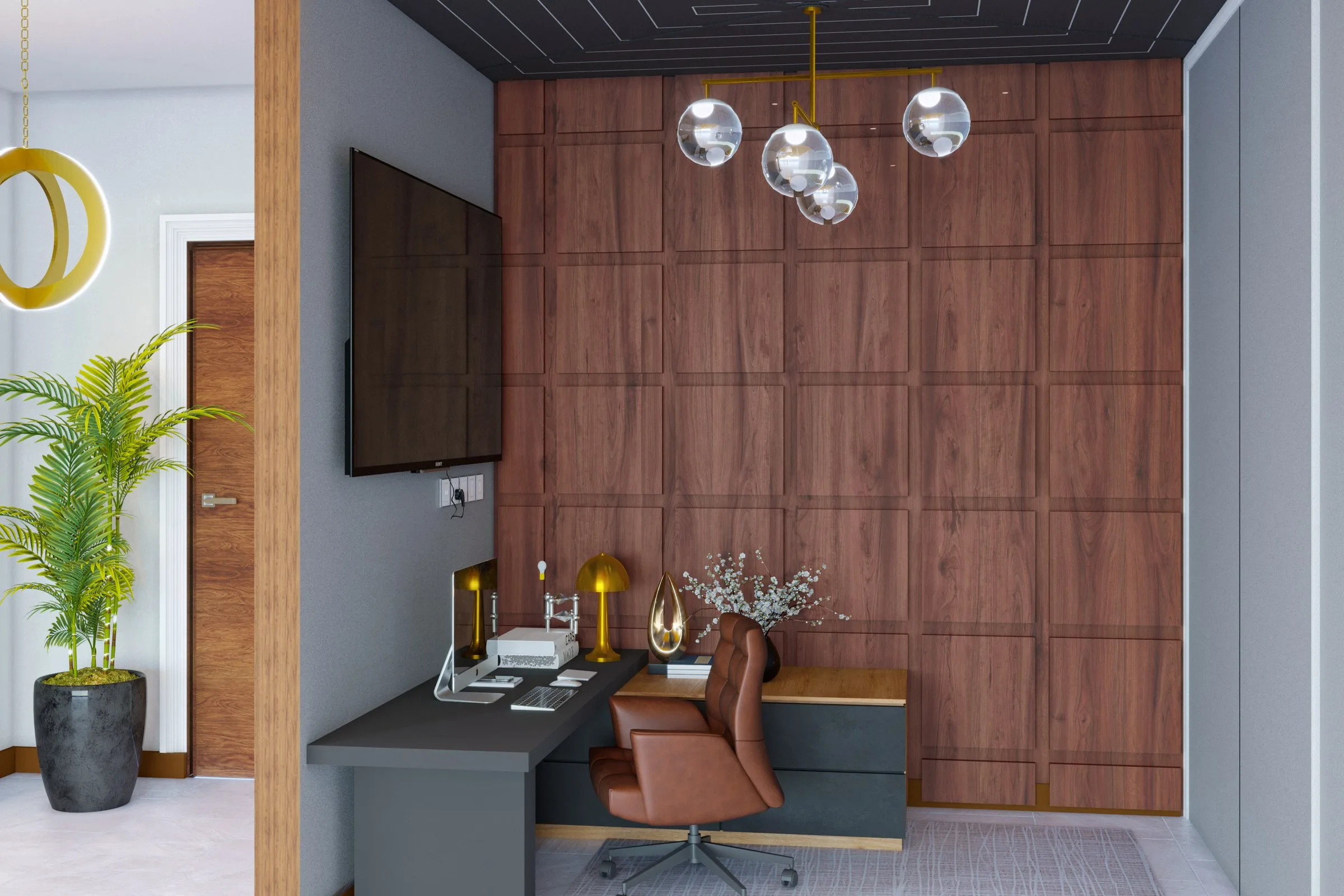 Contemporary Wood Beam Kitchen — residential architectural visualization, view 1